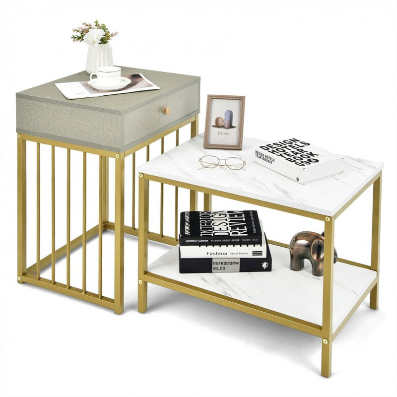 Modern Nesting Coffee Table Set with Drawer and Shelf - 2 Pieces