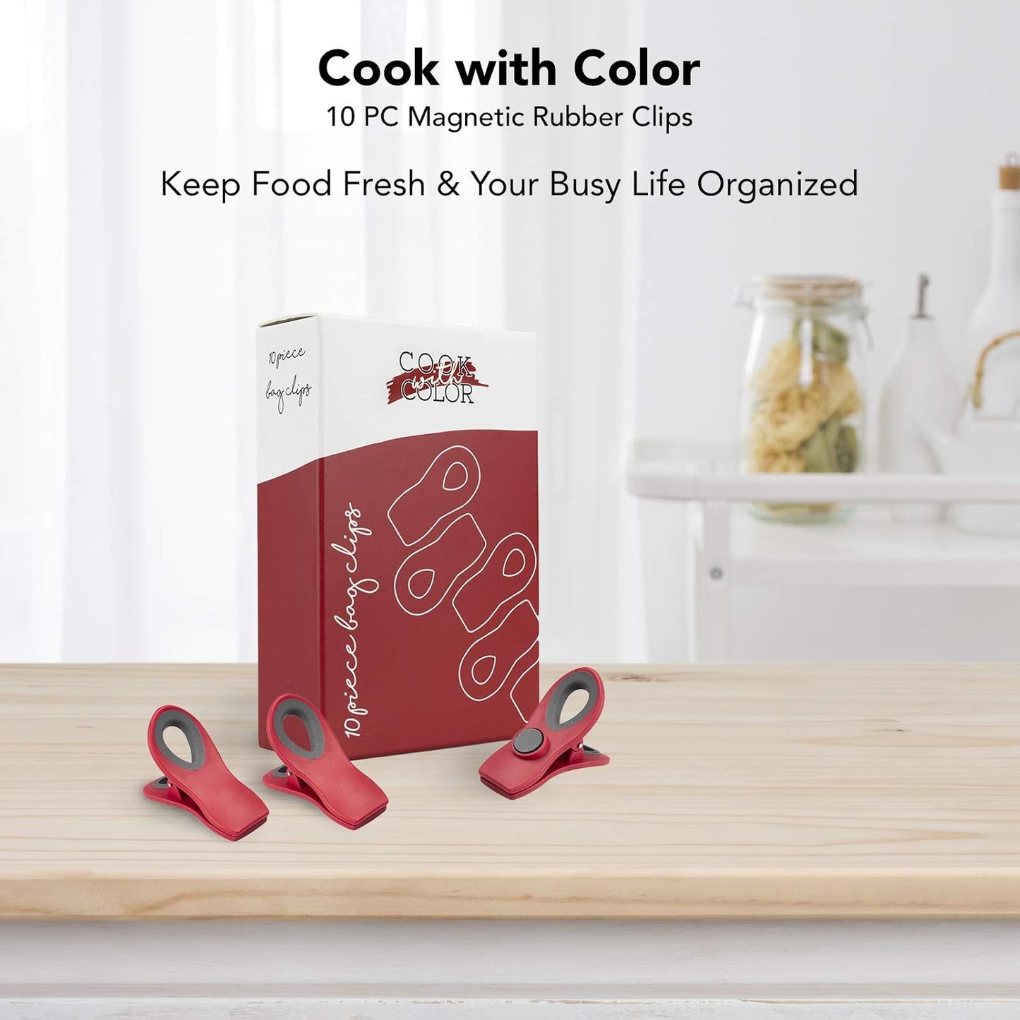 Magnetic Bag Clips for Food Storage - Airtight Seal Grip for Bread, Snack, and Food Bags (Red, Pack of 20)