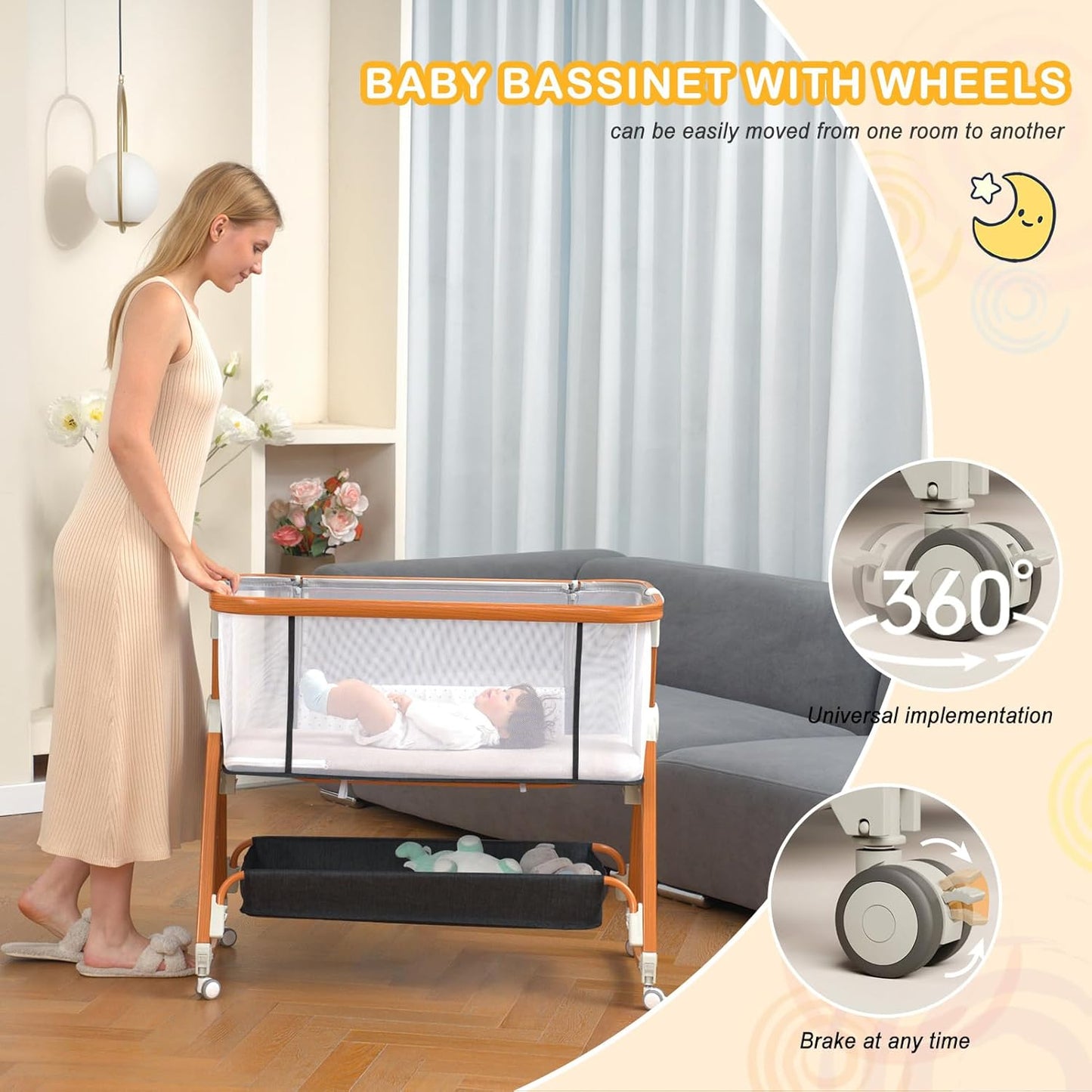 3-in-1 Adjustable Height Baby Bassinet - Musical Toy, Wheels, Storage Basket - 4-Sided Mesh Bedside Sleepe, Newborns (0-6 Months) Black