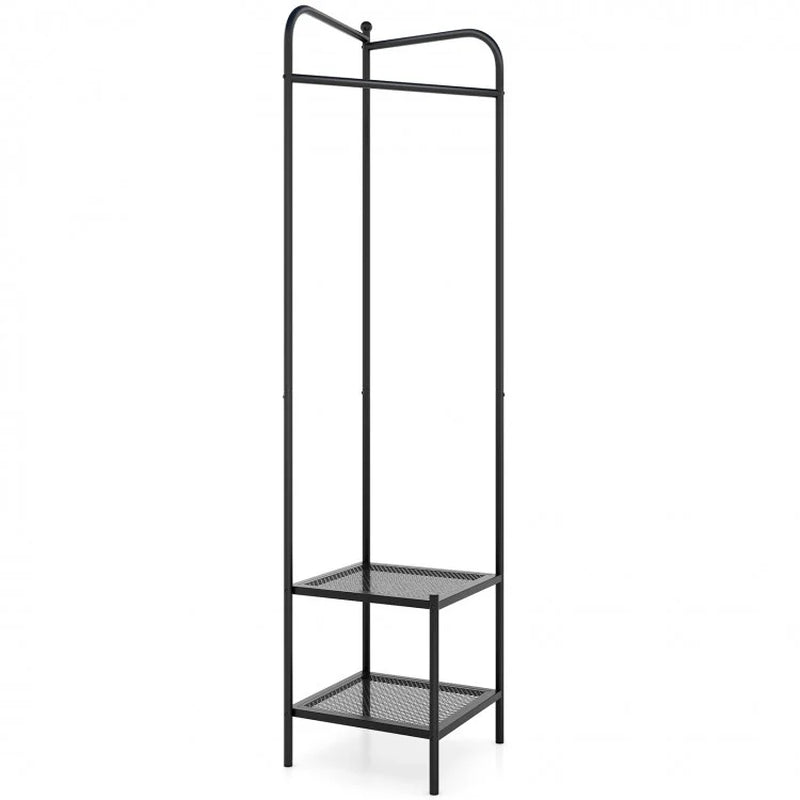Corner Coat Rack with Top Hanger and Dual Mesh Shelves for Entryway, Hallway, Living Room, and Bedroom