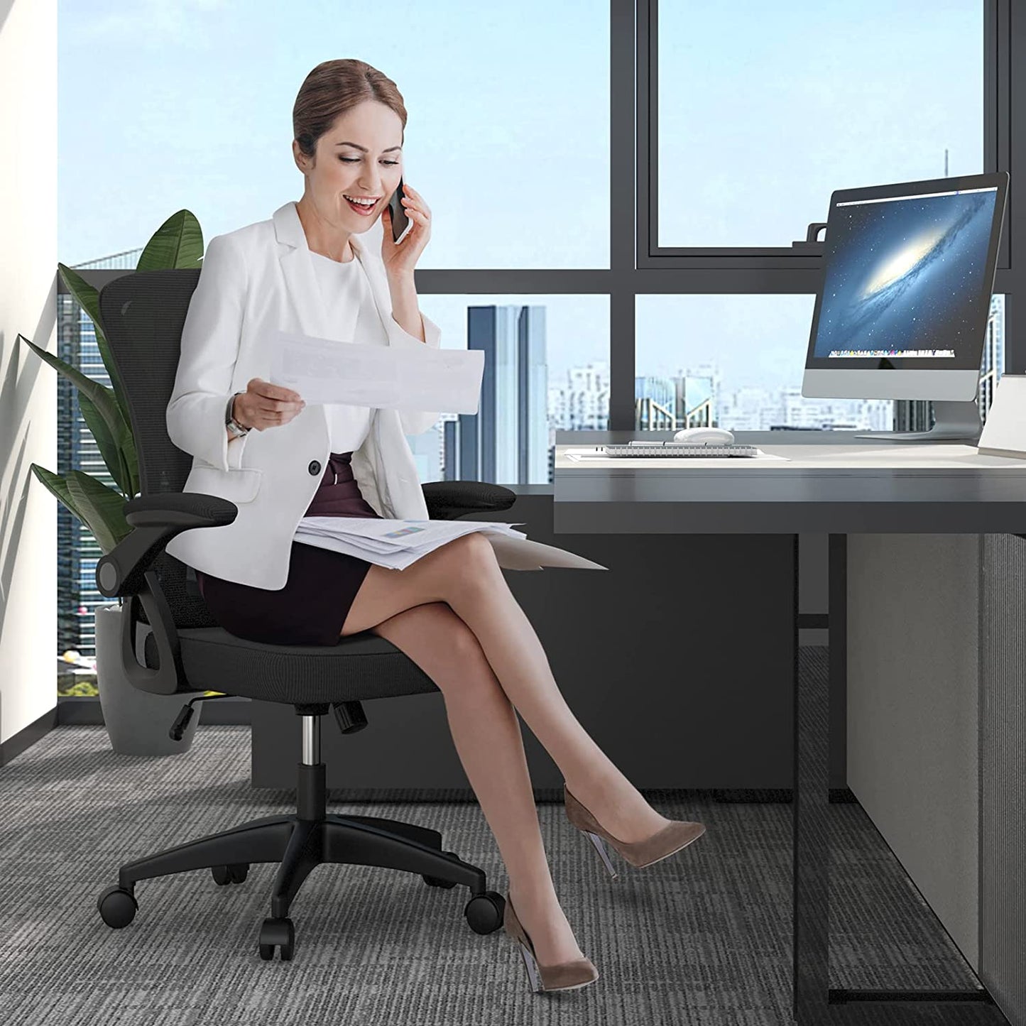 Ergonomic Mid Back Office Chair with Adjustable Height, Flip-Up Arms, and Lumbar Support - Breathable Mesh Design for Home Office and Study, Black