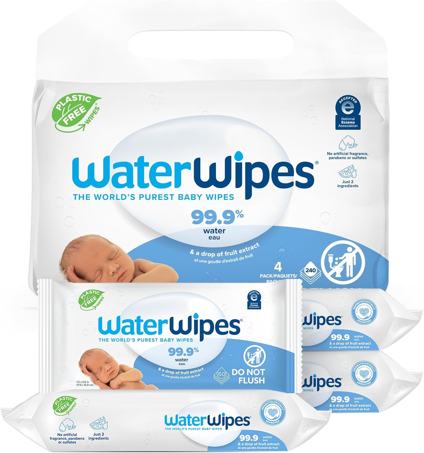 Plastic-Free Original Baby Wipes, 99.9% Water Based Wipes, Unscented -Sensitive Skin, 240 Count (4 Packs)