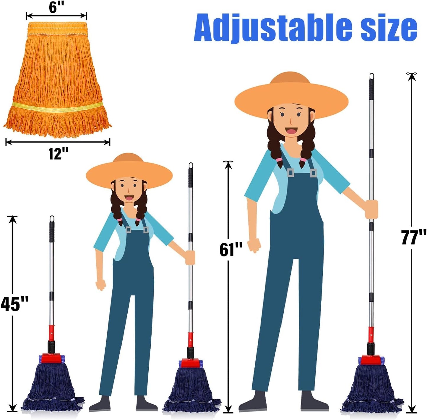 Heavy-Duty Industrial Mop with 77-Inch Long Handle and Loop-End String Design, Includes 2 Mop Heads (Blue)
