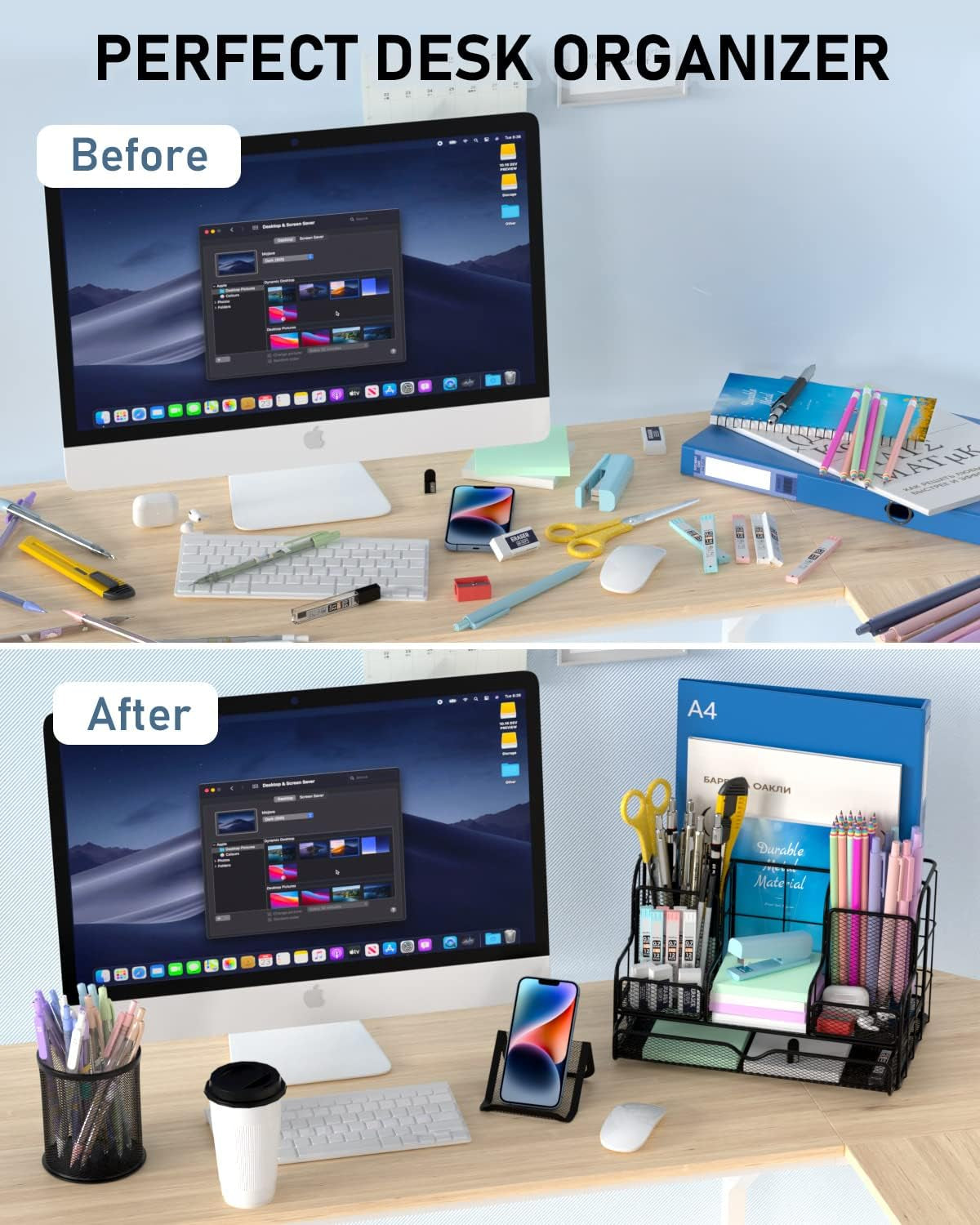 Black Mesh Desktop Organizer Set with Drawers, Pen and Phone Holders, 72 Paper Clips, and Office Supply Caddy for Home and Office Use