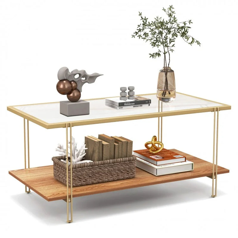 Two-Tier Rectangular Glass Coffee Table with White and Gold Steel Frame
