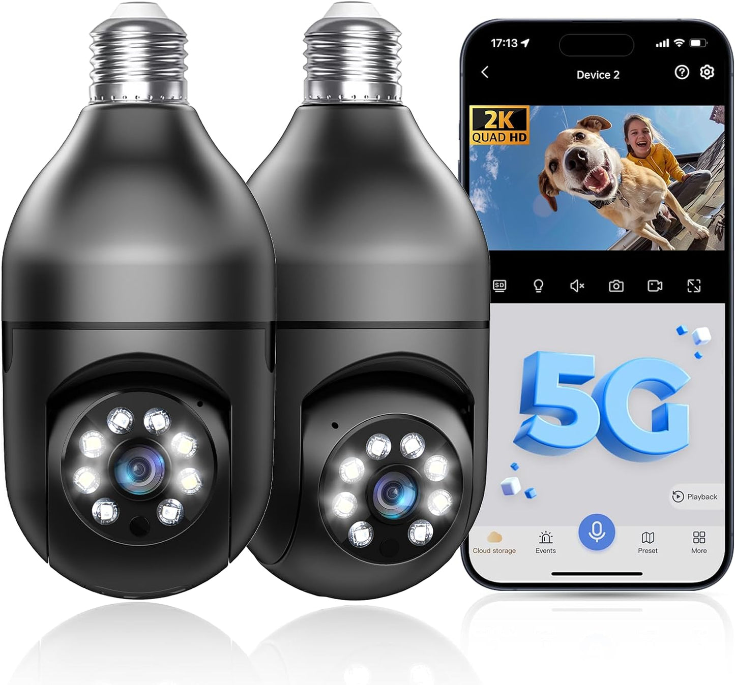 Wireless Outdoor Light Bulb Security Camera - 5G/2.4GHz WiFi, 2K HD 360° Surveillance, Color Night Vision, Motion Sensor, Two-Way Audio