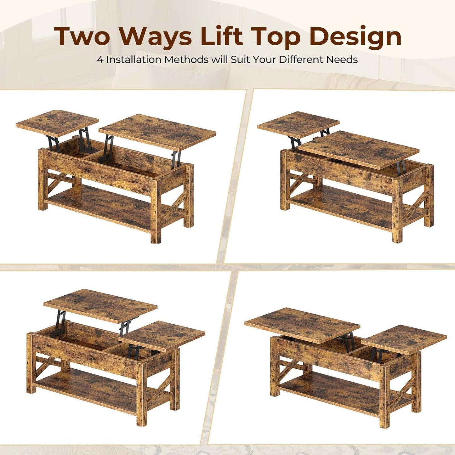 47.2" Lift Top Coffee Table with Hidden Compartment and Open Shelf, Rustic Brown Farmhouse Center Table