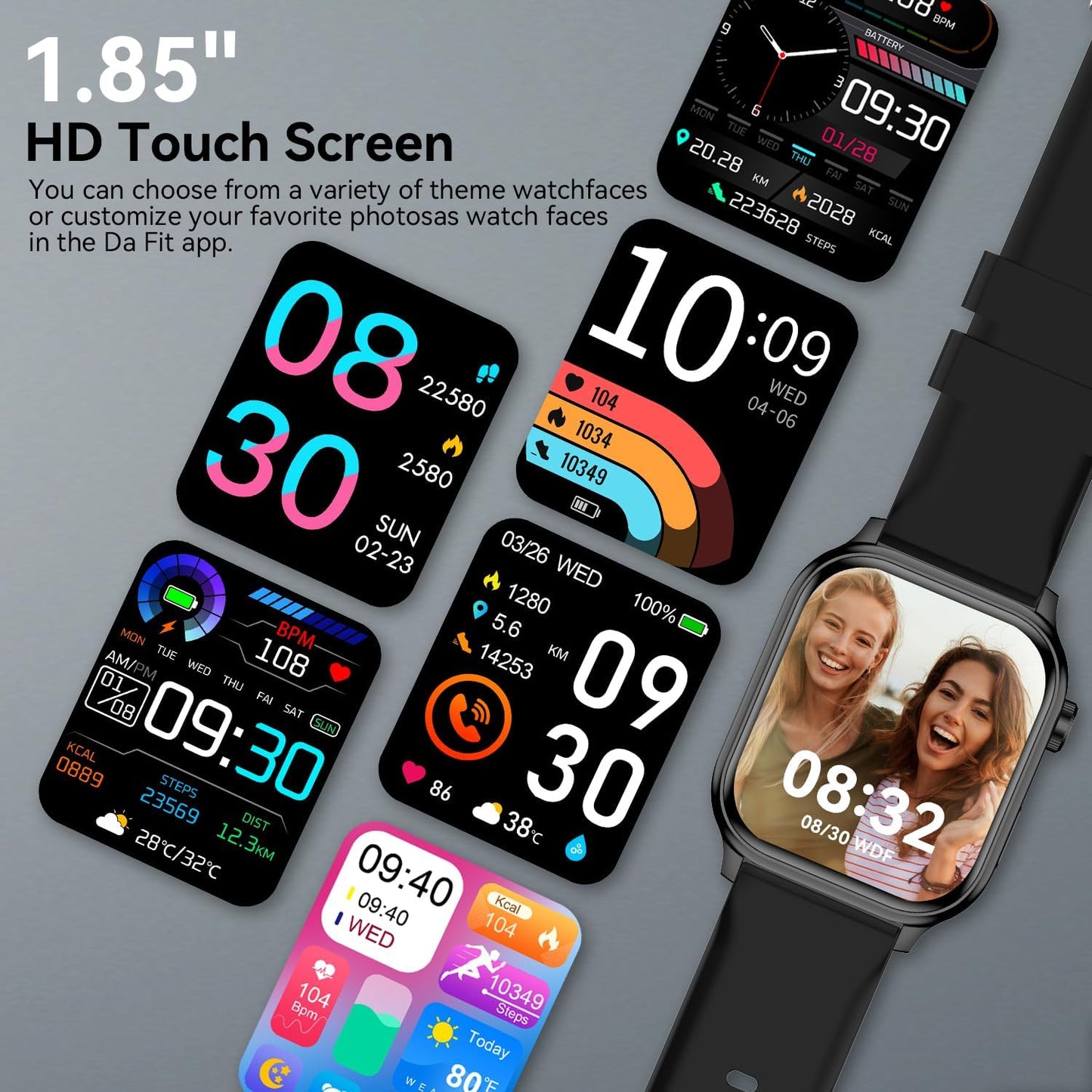 Premium Bluetooth Smart Watch for Men and Women - 1.85" HD Touch Screen Fitness Tracker with IP67 Waterproof Rating, Heart Rate and Sleep Monitoring, 100+ Sports Modes, Compatible with iOS and Android (Black)