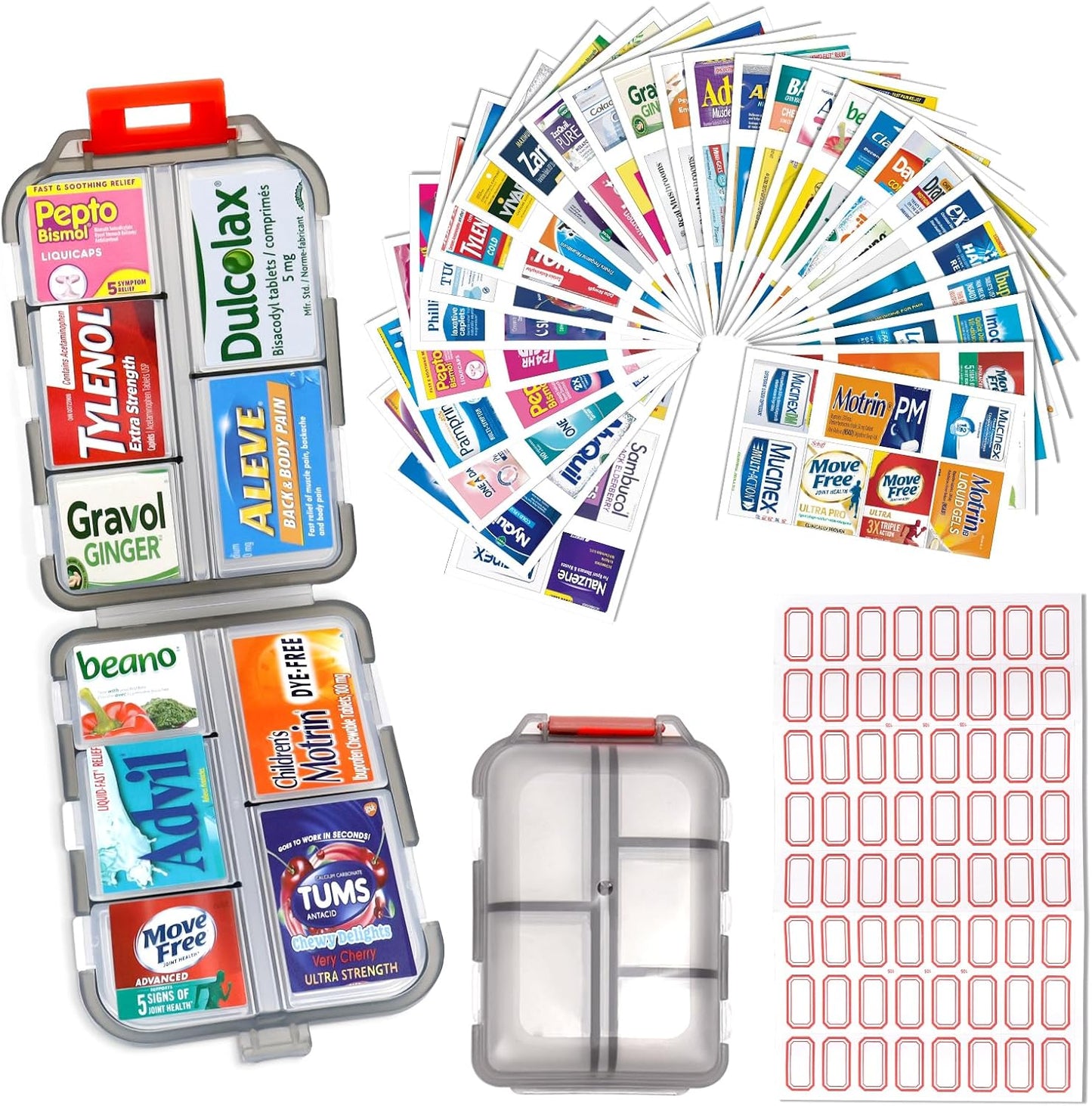 Portable Travel Pill Organizer with 260 Labels and 10 Compartments - Weekly Medication Container Case for Travel Essentials (Grey)