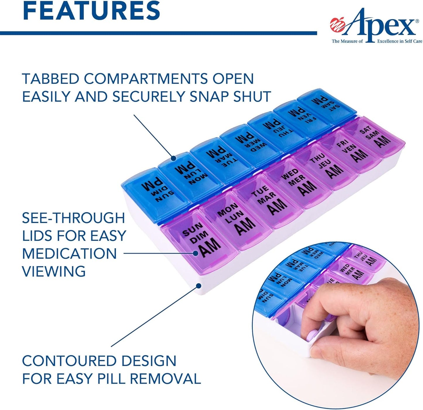 Twice-Daily Color-Coded Weekly Pill Organizer with Easy-Open See-Through Lids for AM/PM Medication and Vitamin Management, Berry/Blue