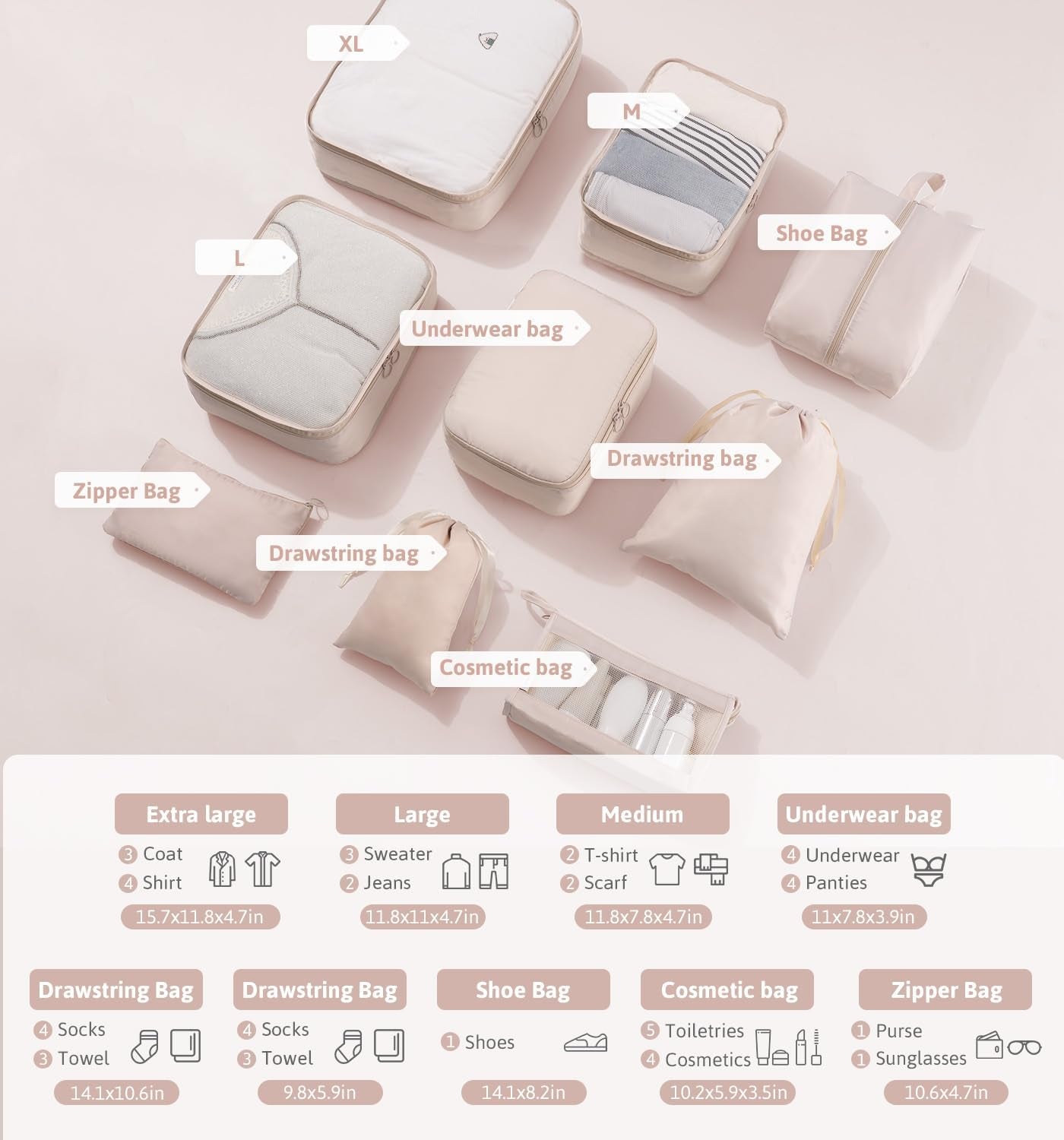 Travel Packing Cubes Set - 9-Piece Waterproof Organizers for Suitcases and Luggage, Multi-Functional Clothing Storage (Beige)