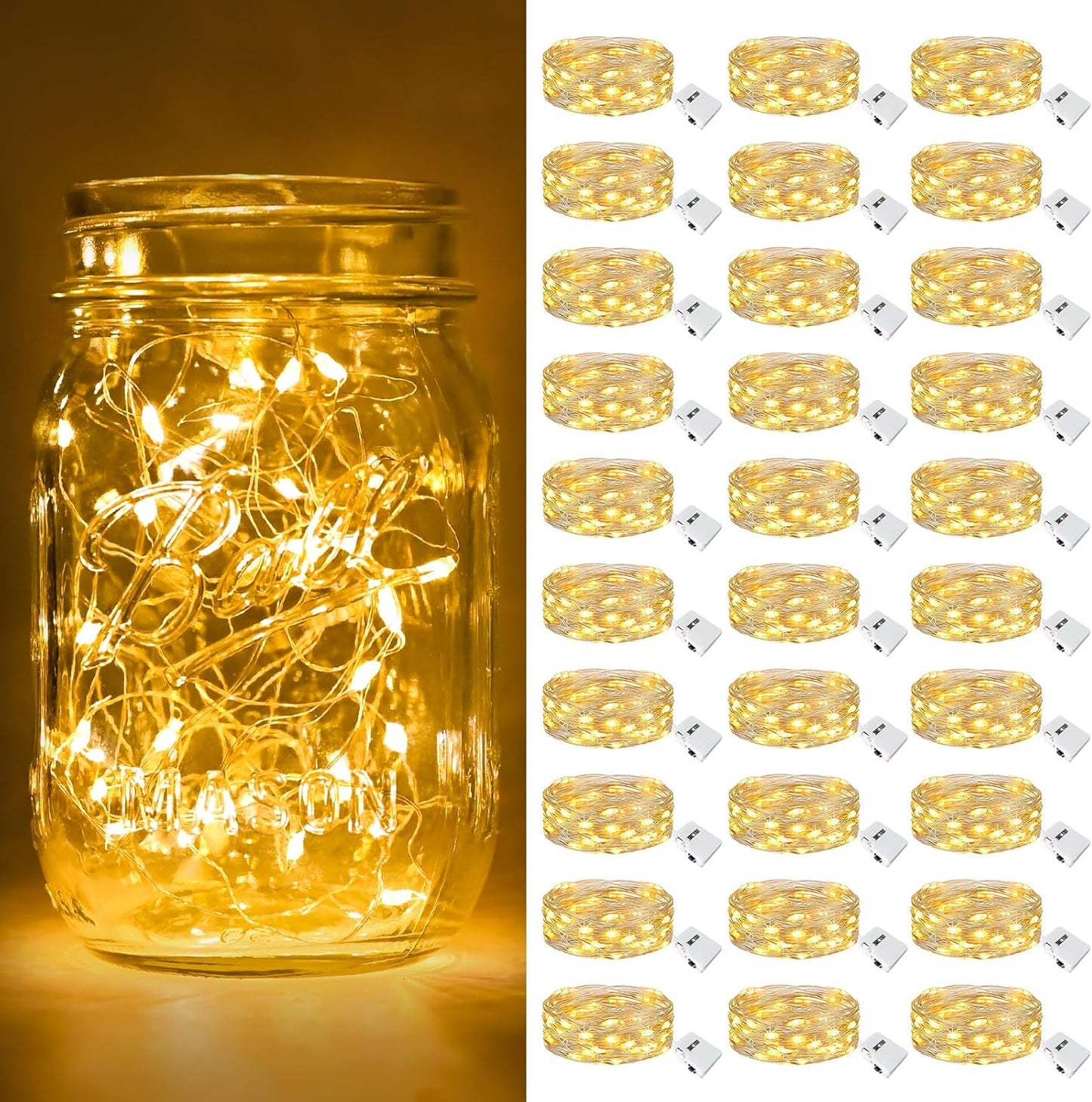 12-Pack 7FT 20LED Battery-Powered Fairy Lights with 3 Modes - Waterproof Silver Wire Mini String Lights for Indoor Mason Jar DIY, Wedding, and Christmas Decor in Warm White