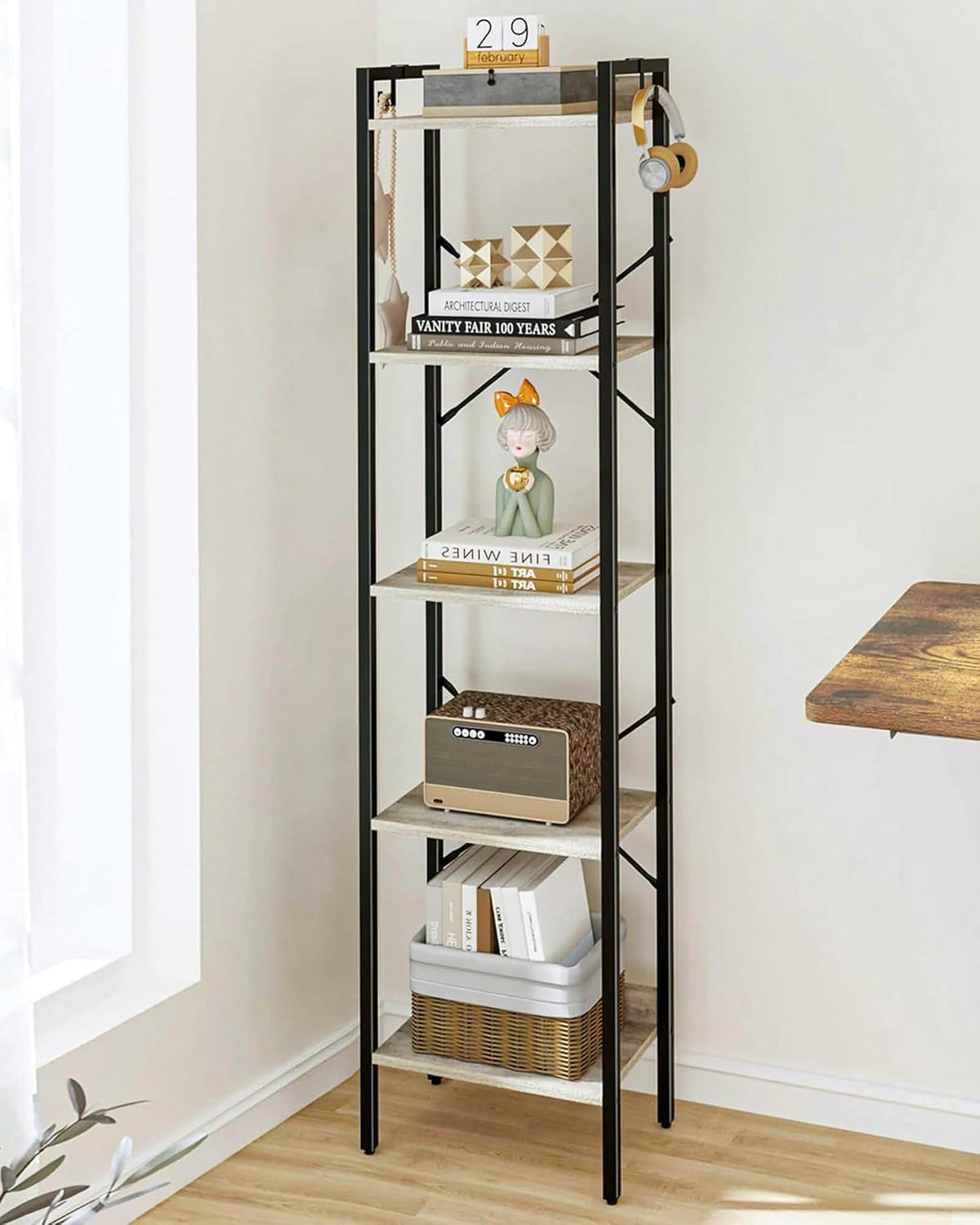 Industrial 5-Tier Bookshelf with Hooks - Greige Corner Storage Organizer for Home Office, Living Room, Bedroom, and Kitchen