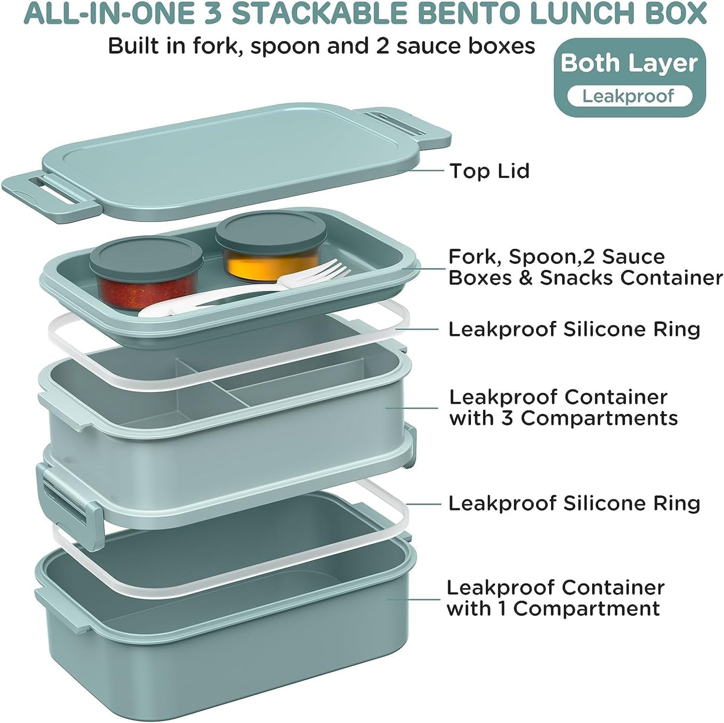 Box Lunch Container - 74 OZ Stackable Leakproof Lunch Box - Utensils and Sauce Containers for Work, School, and Dining Out (Green)