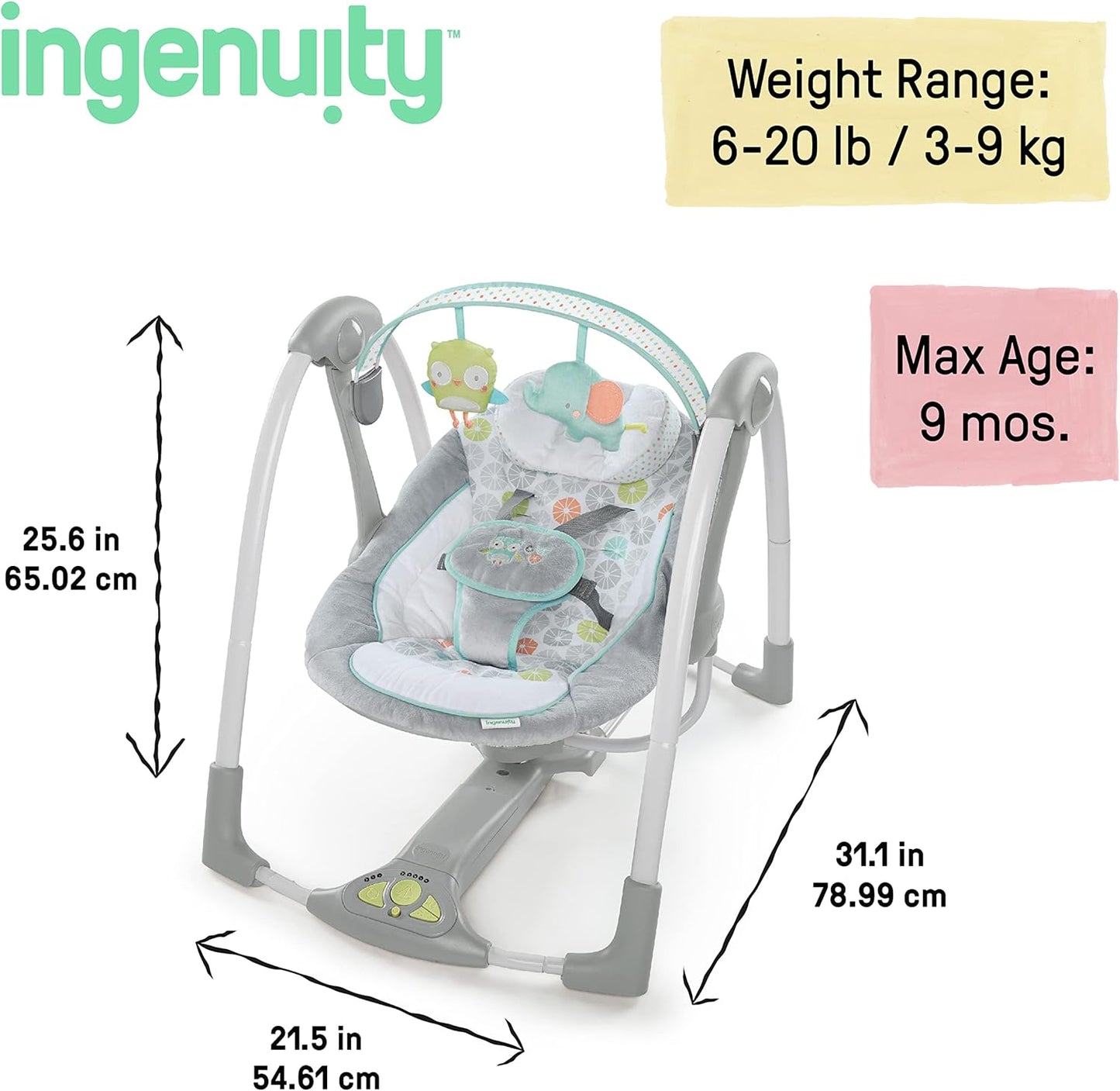 5-Speed Portable Baby Swing with Music, Nature Sounds, and Energy-Efficient Technology for Infants 0-9 Months