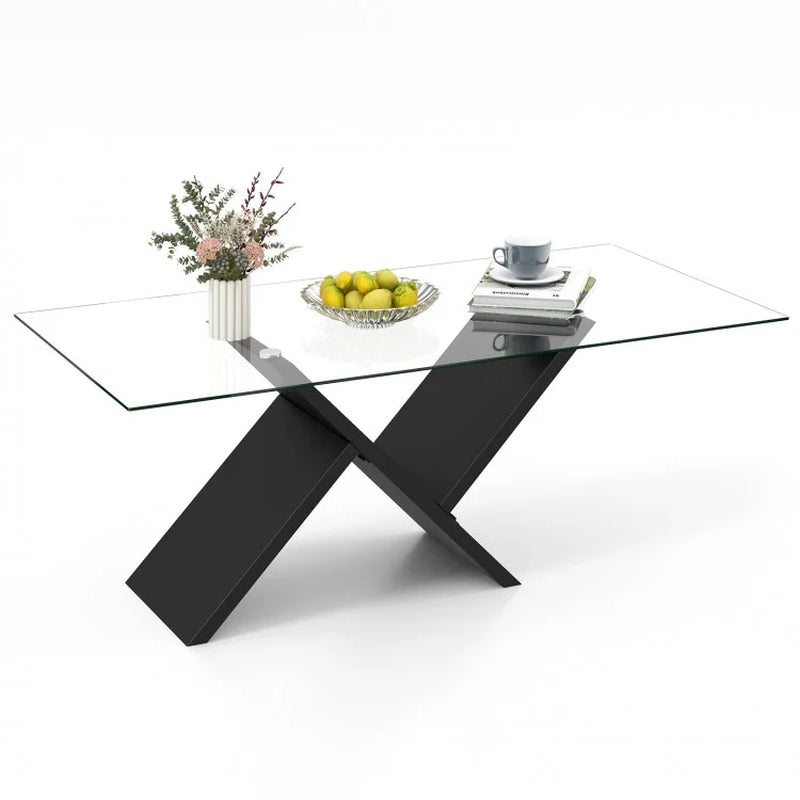 47-Inch Modern Rectangle Glass Coffee Table with Tempered Glass Top