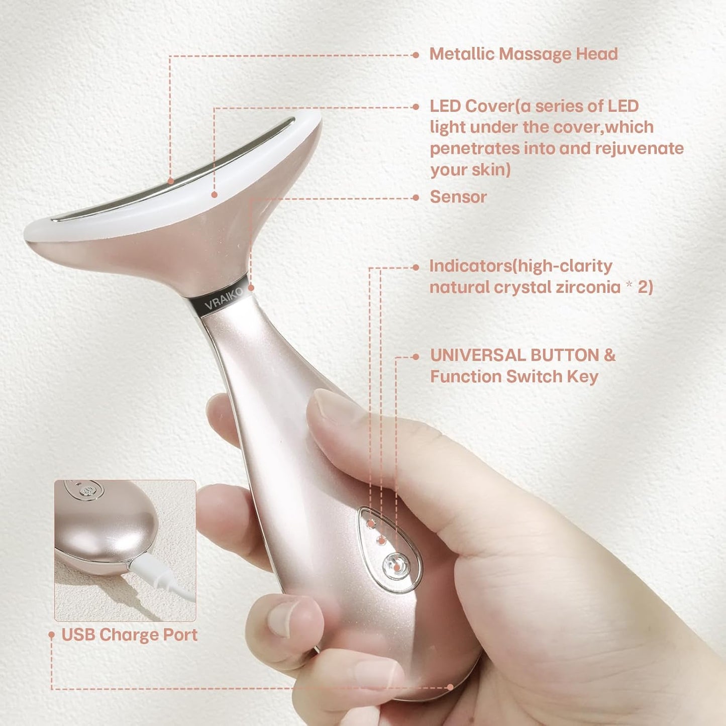 3-in-1 Skin Rejuvenation Beauty Device: Neck and Face Massager, At-Home Facial Spa Tool, and Microglow Handset in Rose Gold