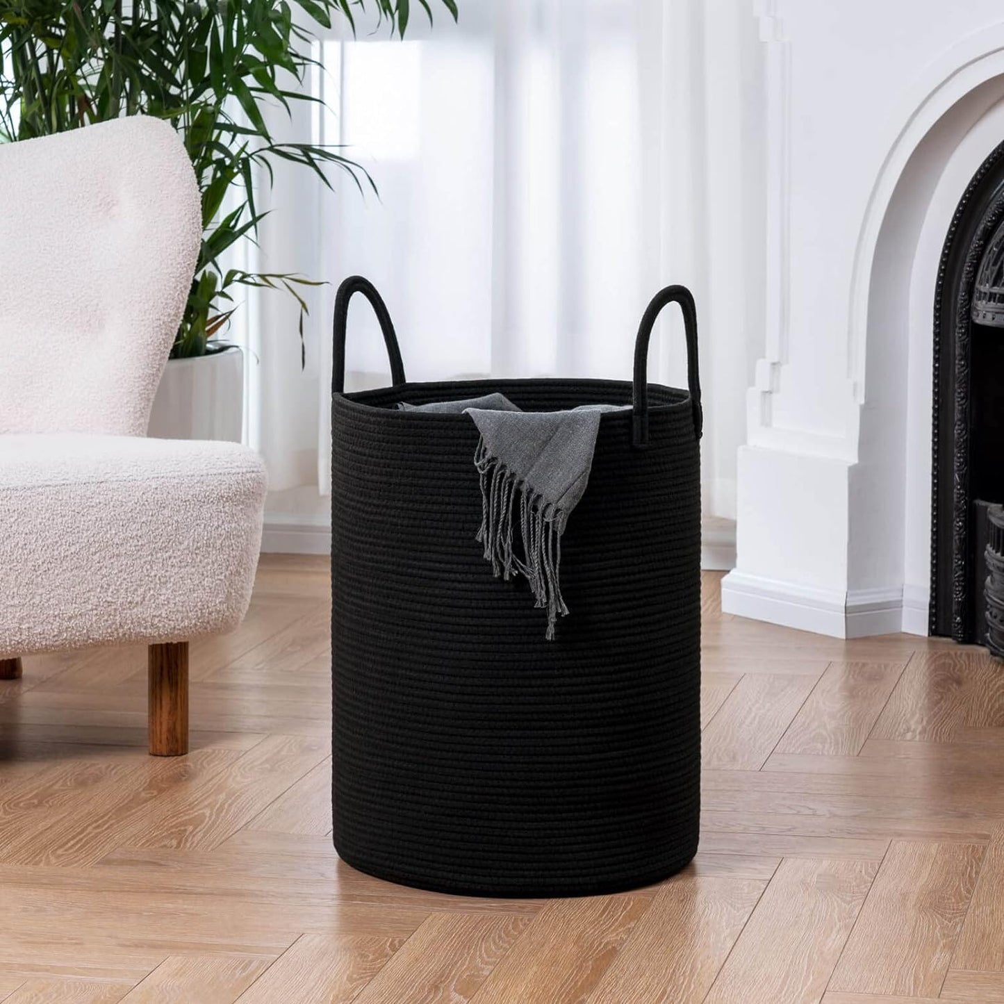Large Woven Laundry Basket - Tall Rope Hamper for Clothes, Toys, Towels, and Blankets - Black, 15 x 20 Inches
