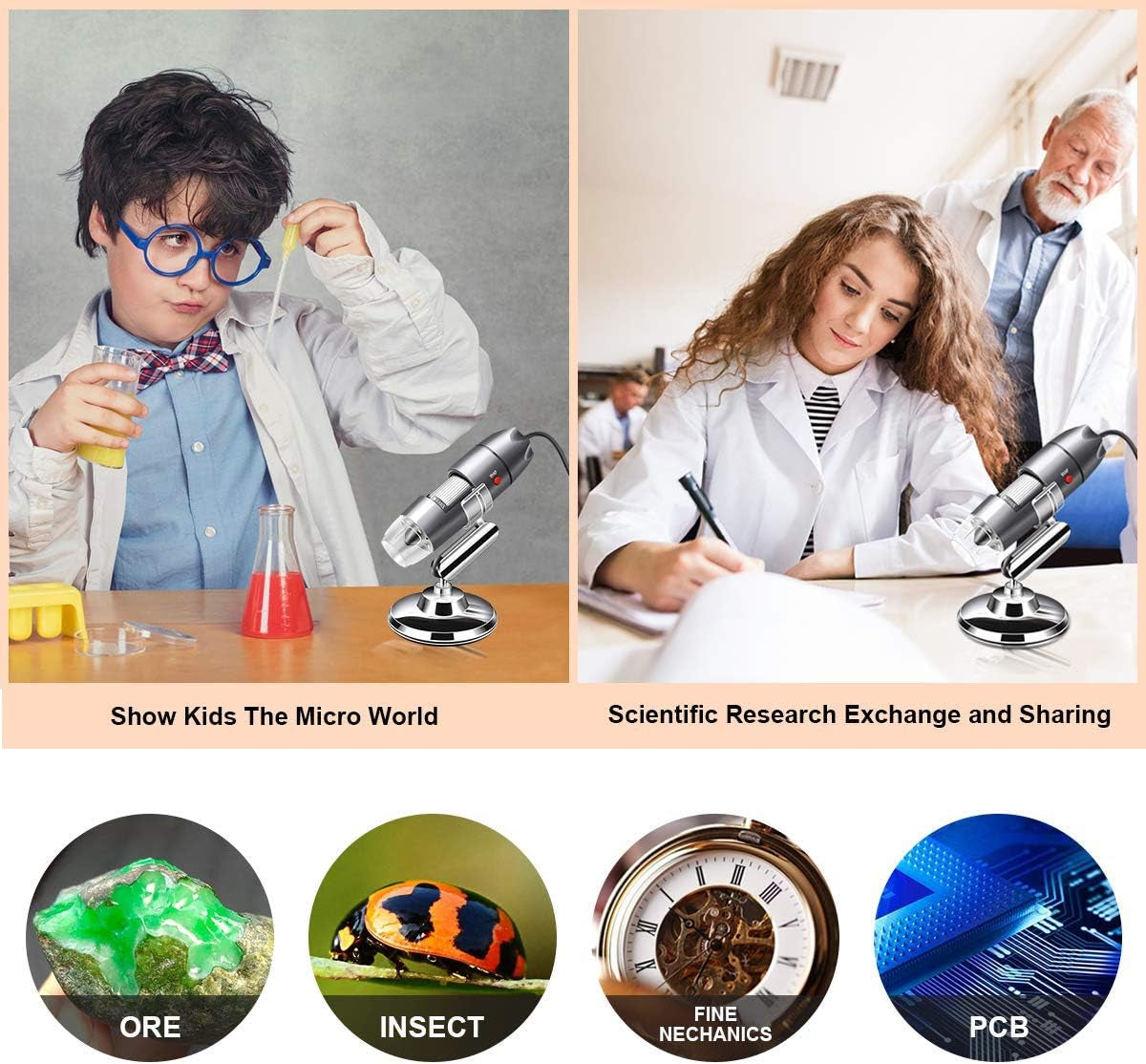 USB Digital Microscope Camera - 40X to 1000X Magnification, Metal Stand, Carrying Case - Android, Windows, Linux, and Mac