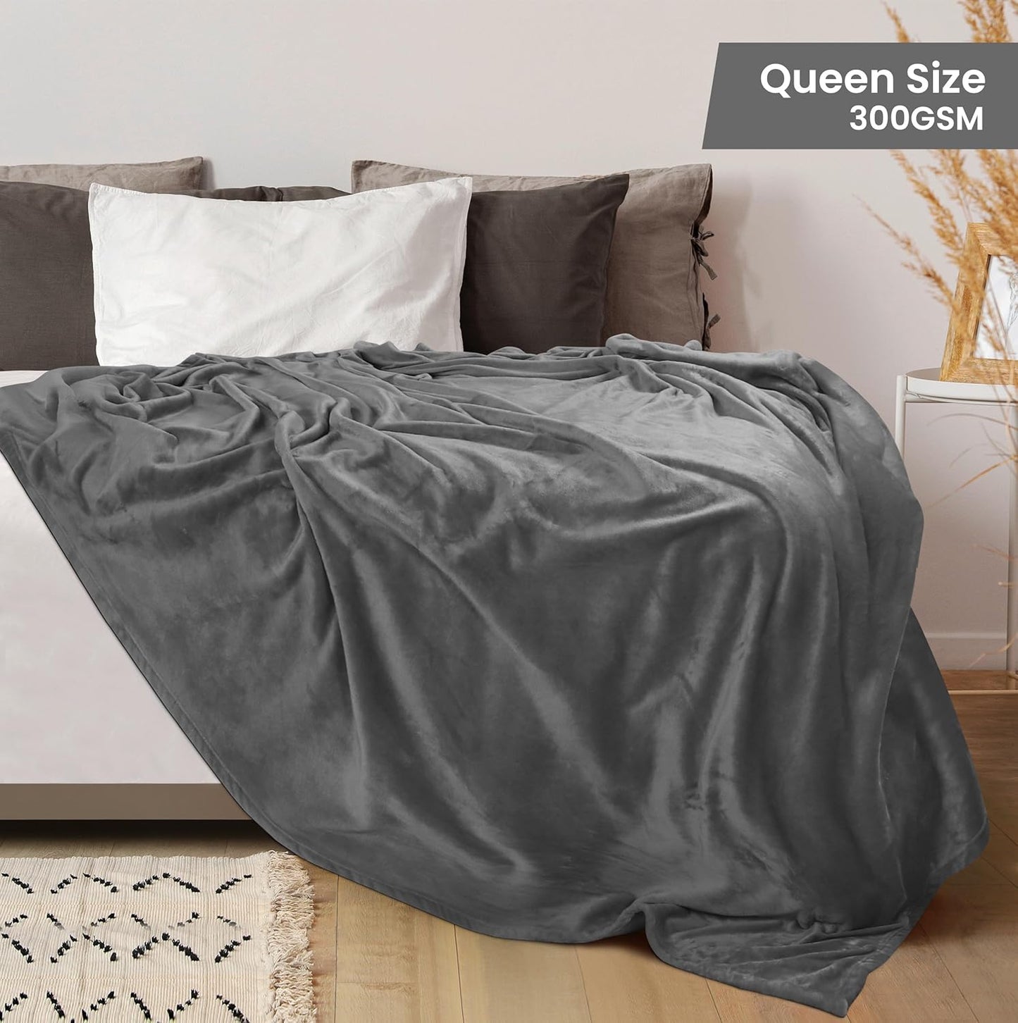 Queen Size Fleece Blanket (Grey, 90x90 Inch) - 300 GSM Anti-Static Microfiber - Lightweight, Cozy Blanket