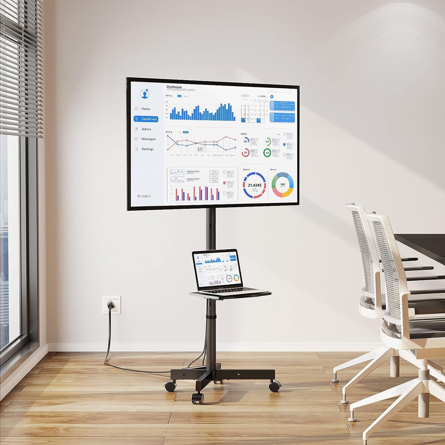 Mobile TV Cart with Power Outlet for 23-60 Inch Screens Up to 88 lbs, Height Adjustable Rolling Stand with AV Shelf, VESA 400x400 mm