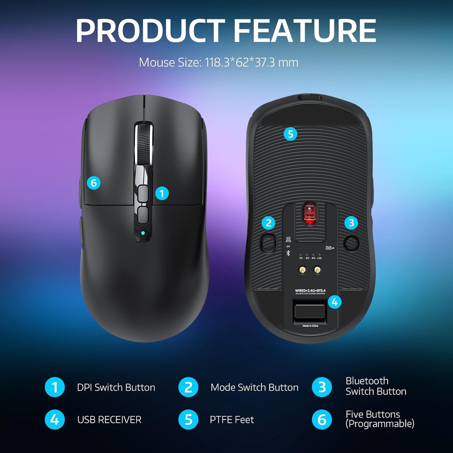 Ultra-Lightweight Wireless Gaming Mouse with Magnetic RGB Charging Dock, Dual Connectivity (Bluetooth/2.4GHz), Pixart PAW3395 Sensor, 26000 DPI, (Black)