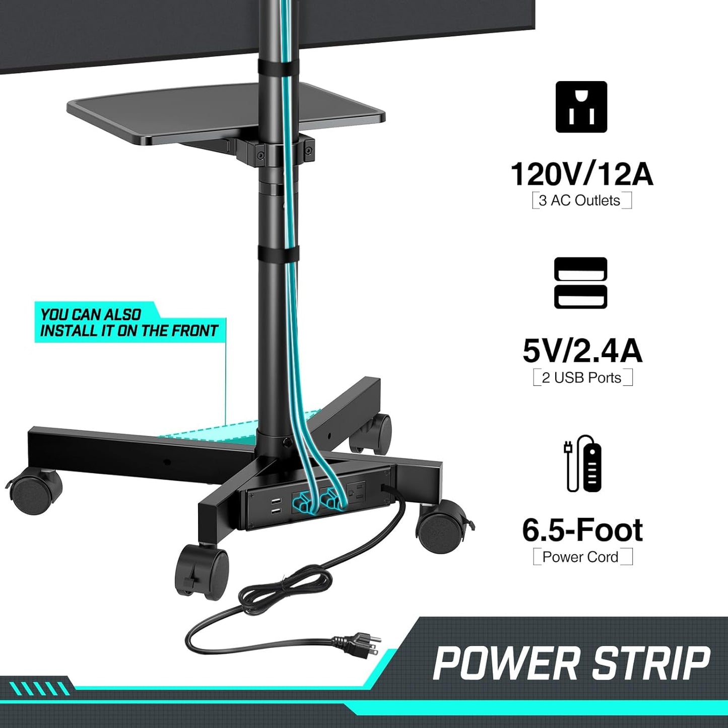 Mobile TV Cart with Power Outlet for 23-60 Inch Screens Up to 88 lbs, Height Adjustable Rolling Stand with AV Shelf, VESA 400x400 mm