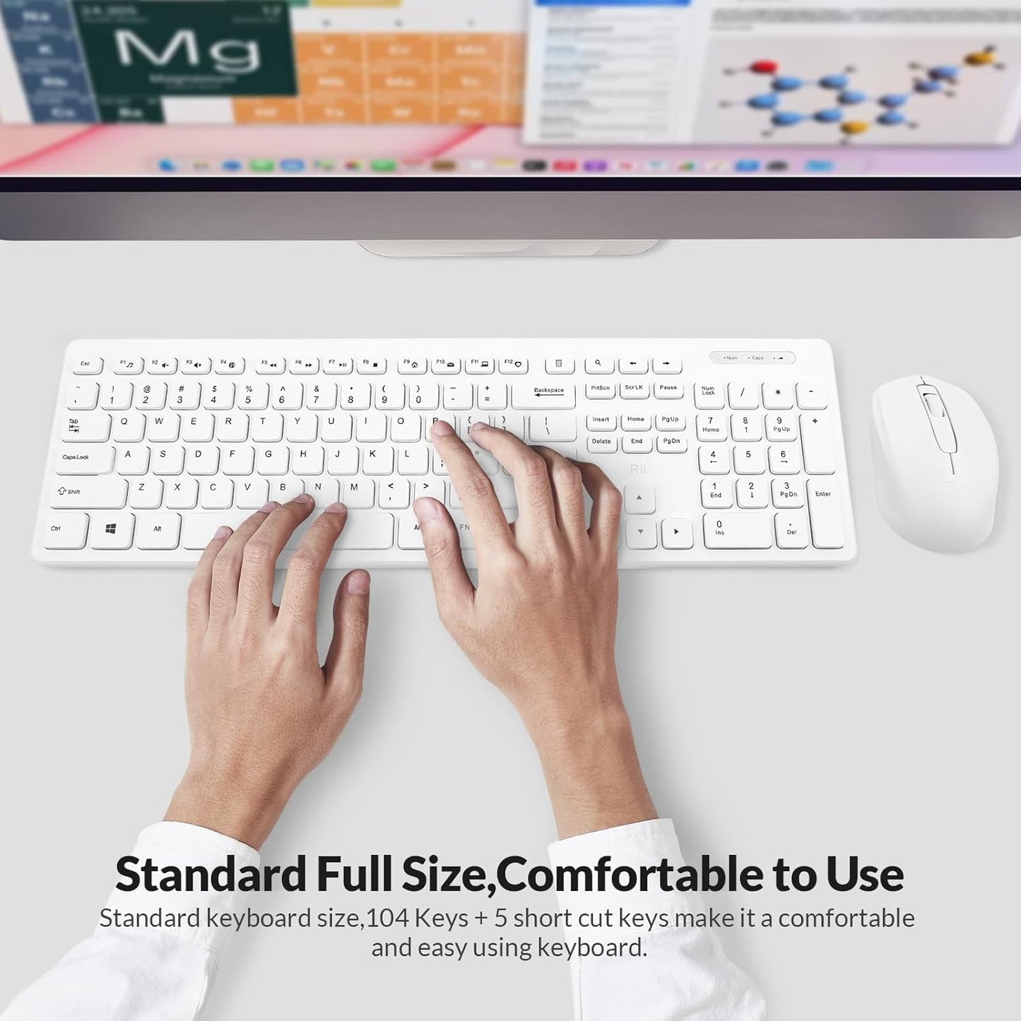 Wireless Full-Size Keyboard and Mouse Combo, Quiet-Typing Set for PC, Office, and School (White)