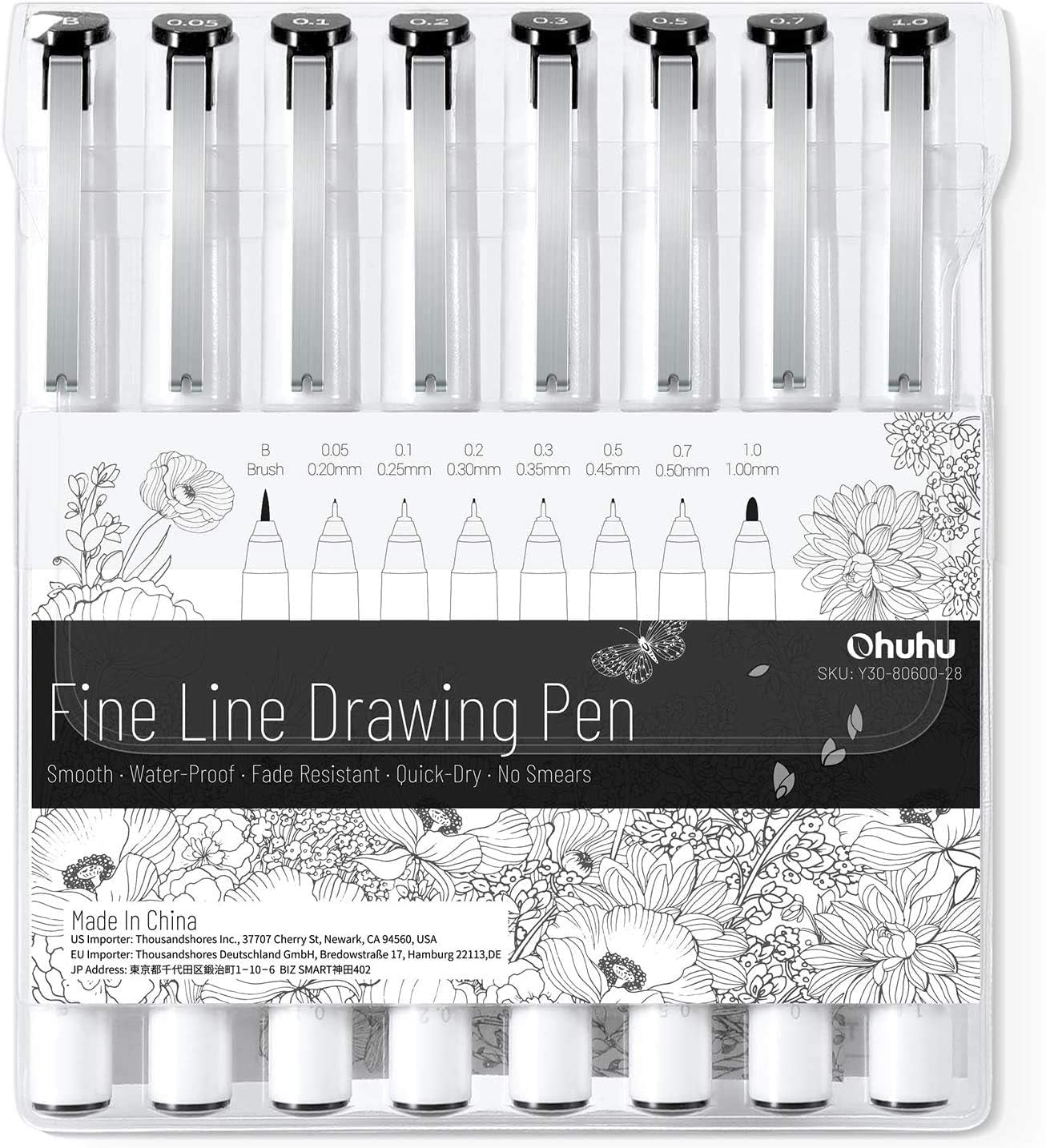 Black Fine liner Drawing Pen Set - 8 Ultra Fine Line Markers-Assorted Tip Sizes, Incl 7 Fine Tips,1 Brush Tip