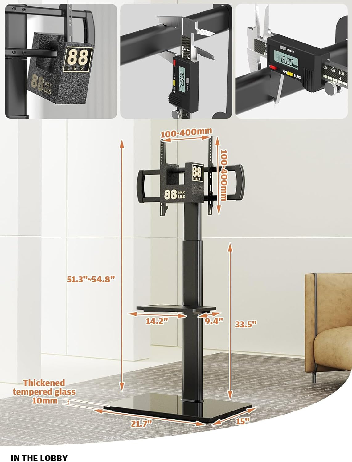 Universal Floor TV Stand with Mount - 80-Degree Swivel, Height Adjustable for 27 to 65 Inch TVs with 2 Shelves