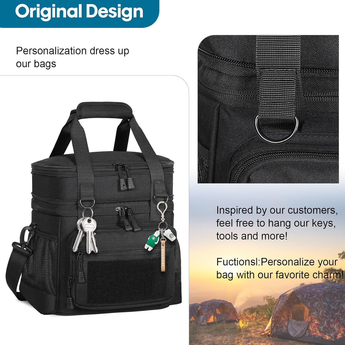 Expandable Tactical Insulated Lunch Box - Double Deck Large Durable Leakproof Cooler Bag for Men and Adults, Black, 16L