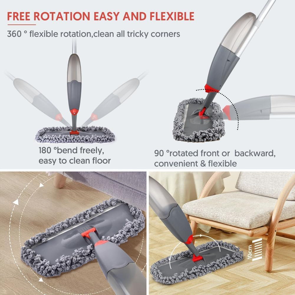 Spray Mop for Floor Cleaning - Microfiber Dry/Wet Mop with 3 Washable Pads & 435ML Refillable Bottle, Ideal for Hardwood, Laminate, and Tile Floors, Gray