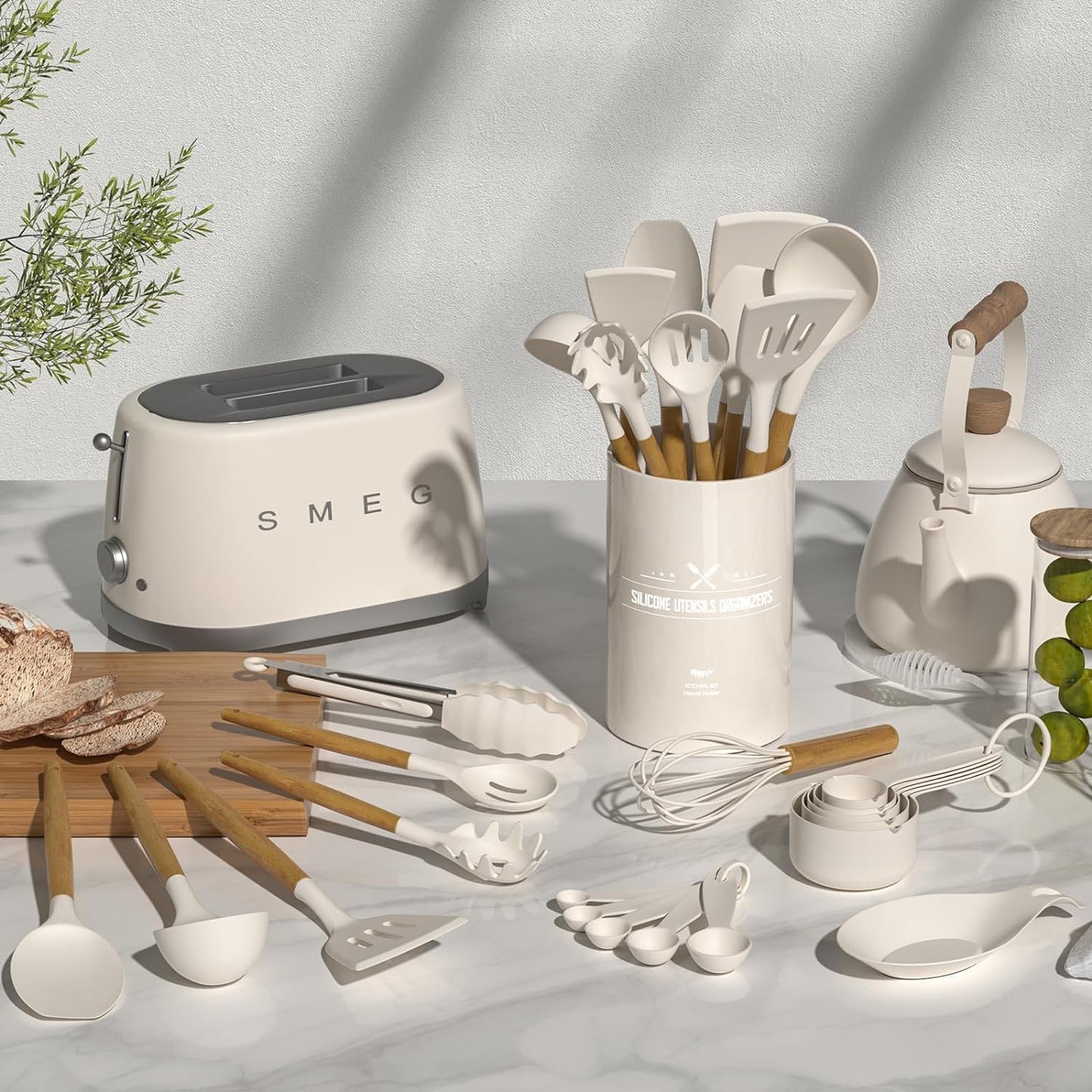 33-Piece Non-Stick Silicone Kitchen Utensils Set with Wooden Handles and Holder (Khaki)