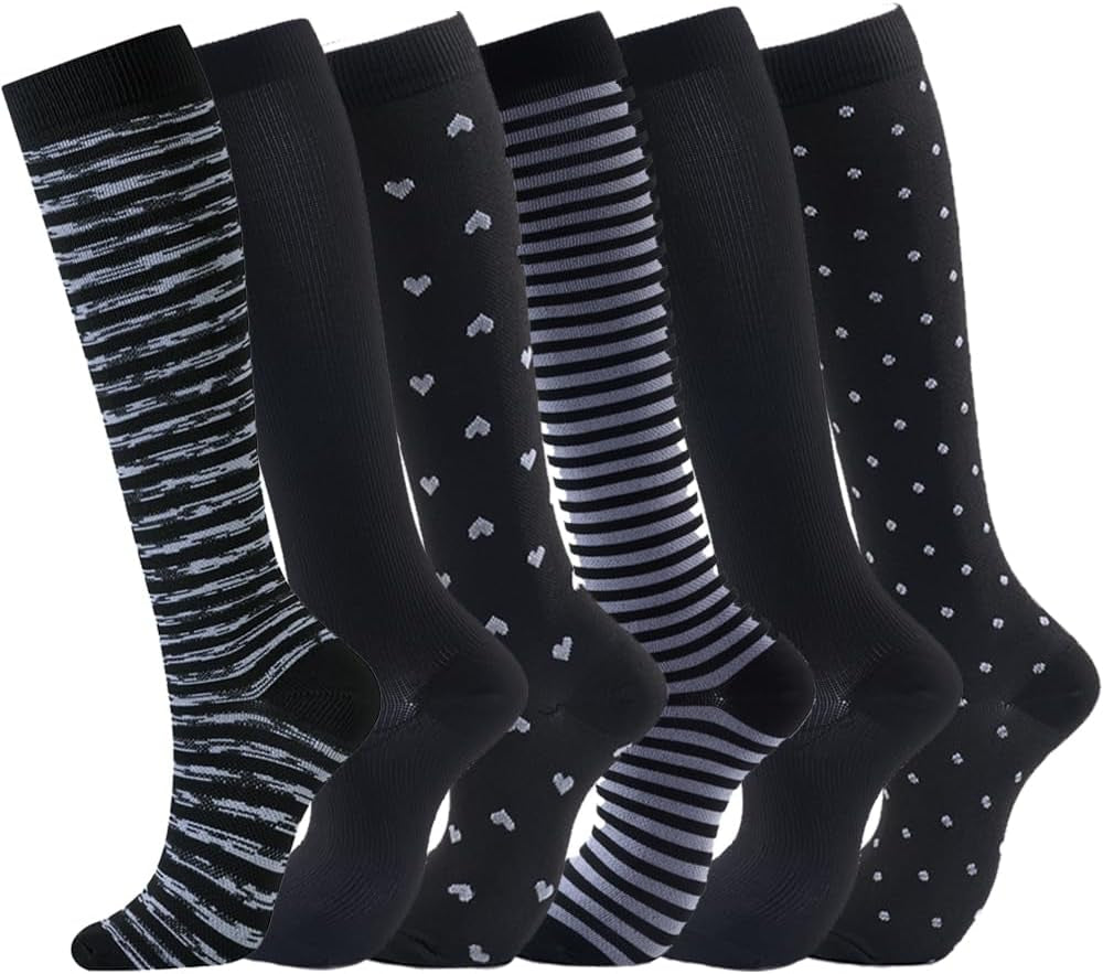 6 Pairs of Compression Socks for Men and Women - Optimal Support for Athletes and Travel Nurses (20-30 mmHg)