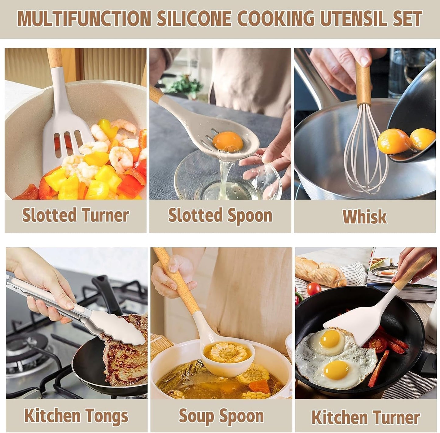 33-Piece Non-Stick Silicone Kitchen Utensils Set with Wooden Handles and Holder (Khaki)
