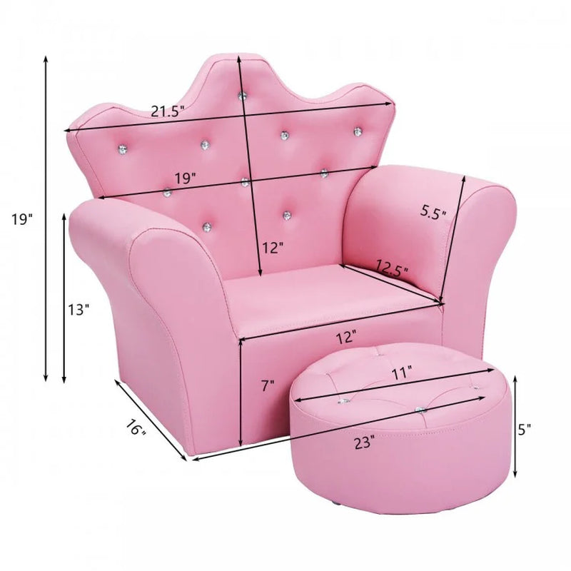 Upholstered Children's Princess Sofa Set with Ottoman and Diamond Accents for Boys and Girls