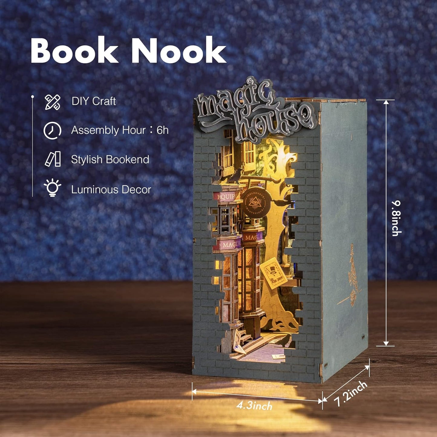 Book Nook 3D Wooden Puzzle, DIY Bookshelf Insert Decor Building Set Model Kit with LED Light for Adults Kids- Magic House