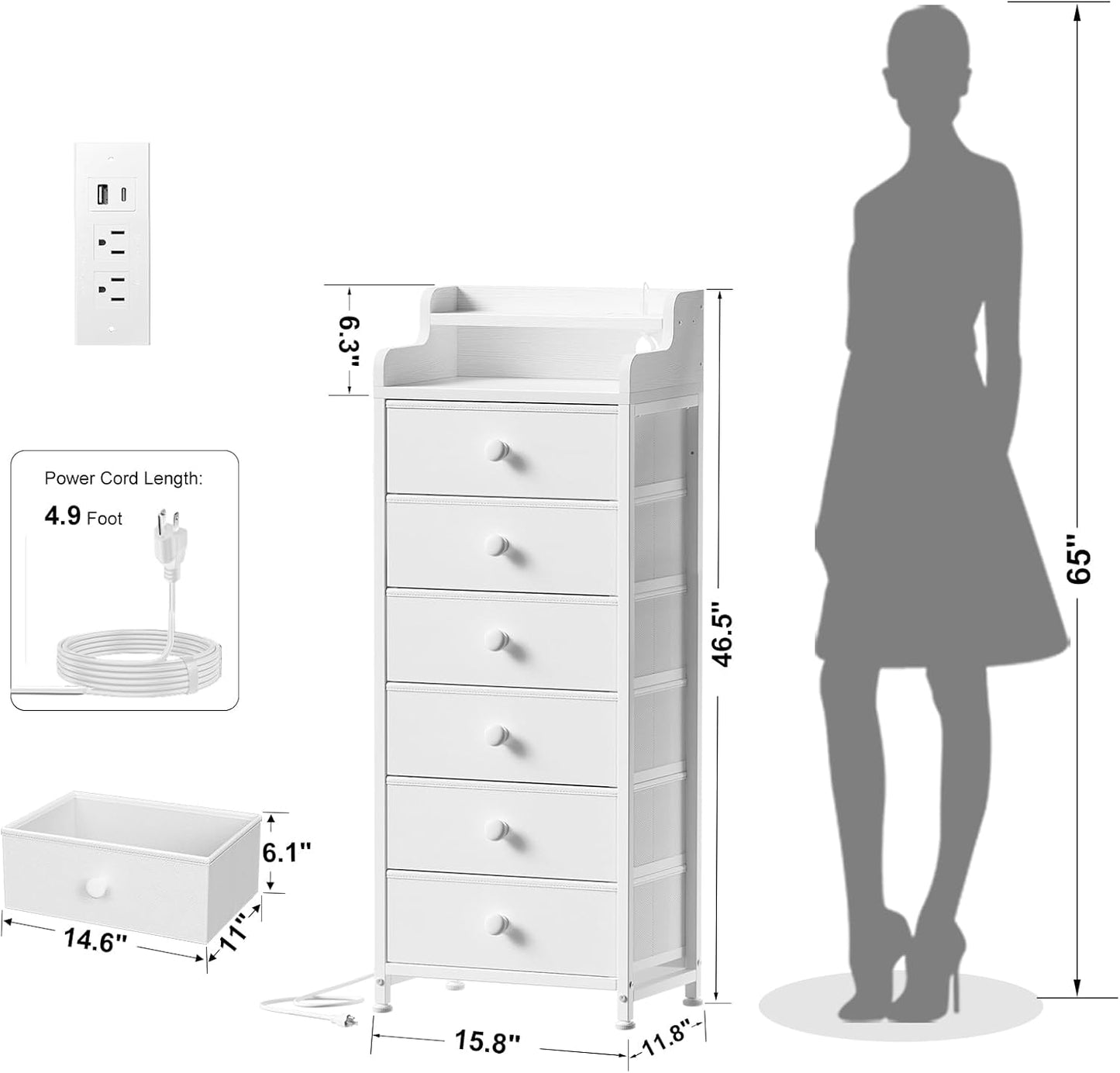 Elegant White Bedroom Dresser - Integrated Charging Station, LED Lighting, Durable Steel Frame, Wood Top - Leather White Finish
