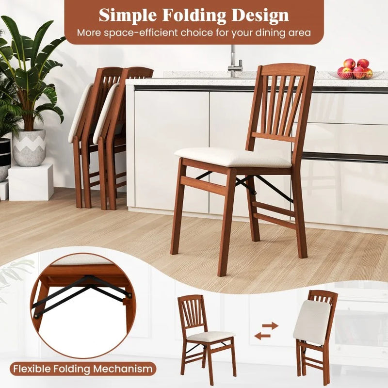 Set of 2 Folding Dining Chairs with Padded Seats and Rubberwood Frames