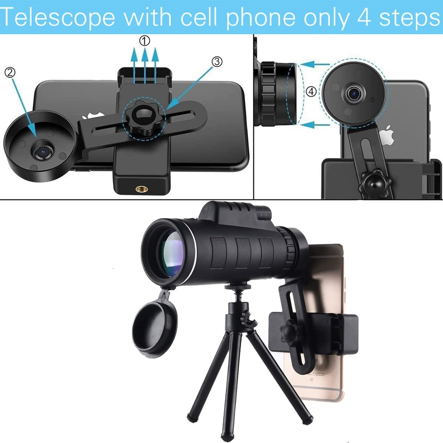 High-Power 40X60 HD Monocular Telescope - Dual Focus, Waterproof Design, Smartphone Holder Tripod, and Low Light Vision
