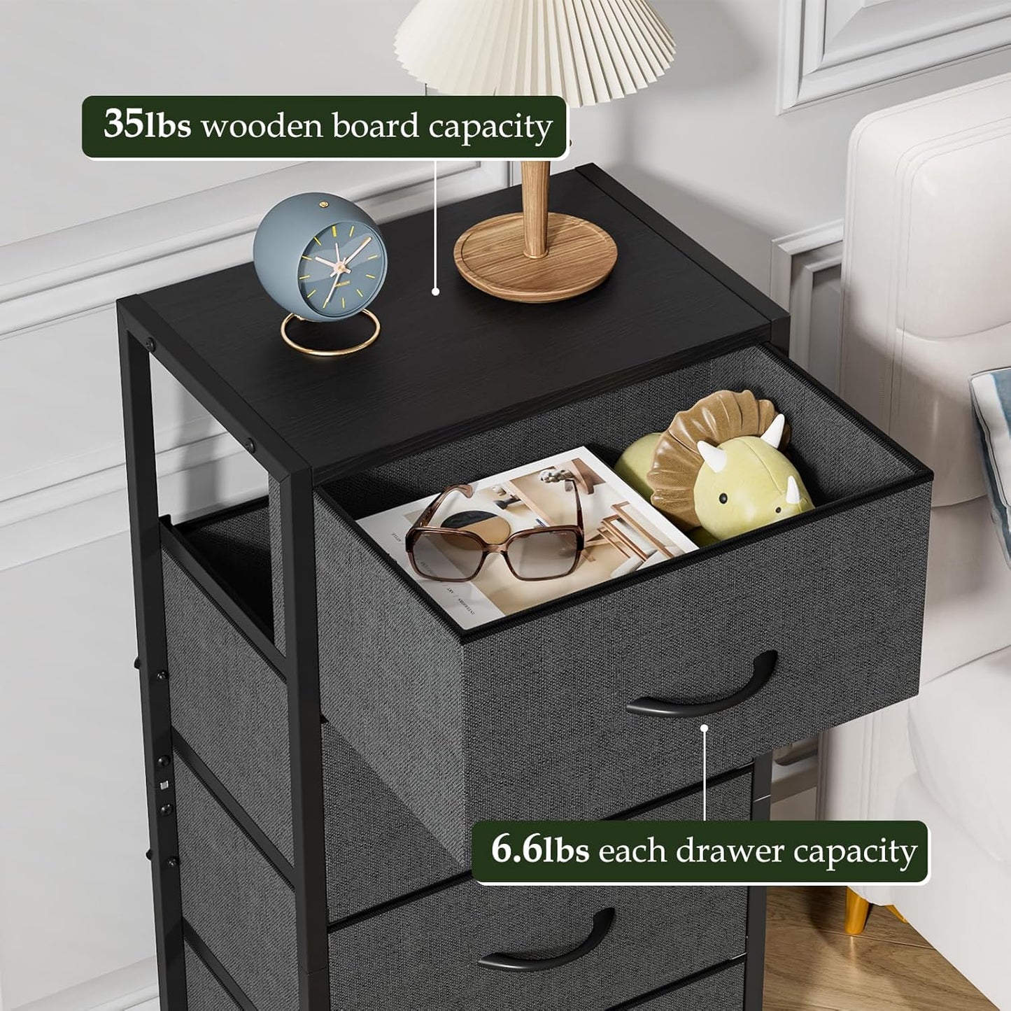 4-Drawer Dresser Vertical Storage Tower Fabric Dresser for Bedroom, Hallway, Entryway, Closet Organizer, Nightstand Bedside Table Furniture,Wooden Top (4-Tier, Black)