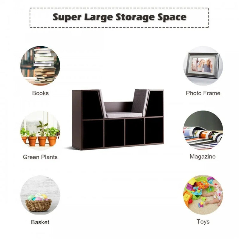 6-Cubby Children's Storage Bookcase with Integrated Cushioned Reading Nook