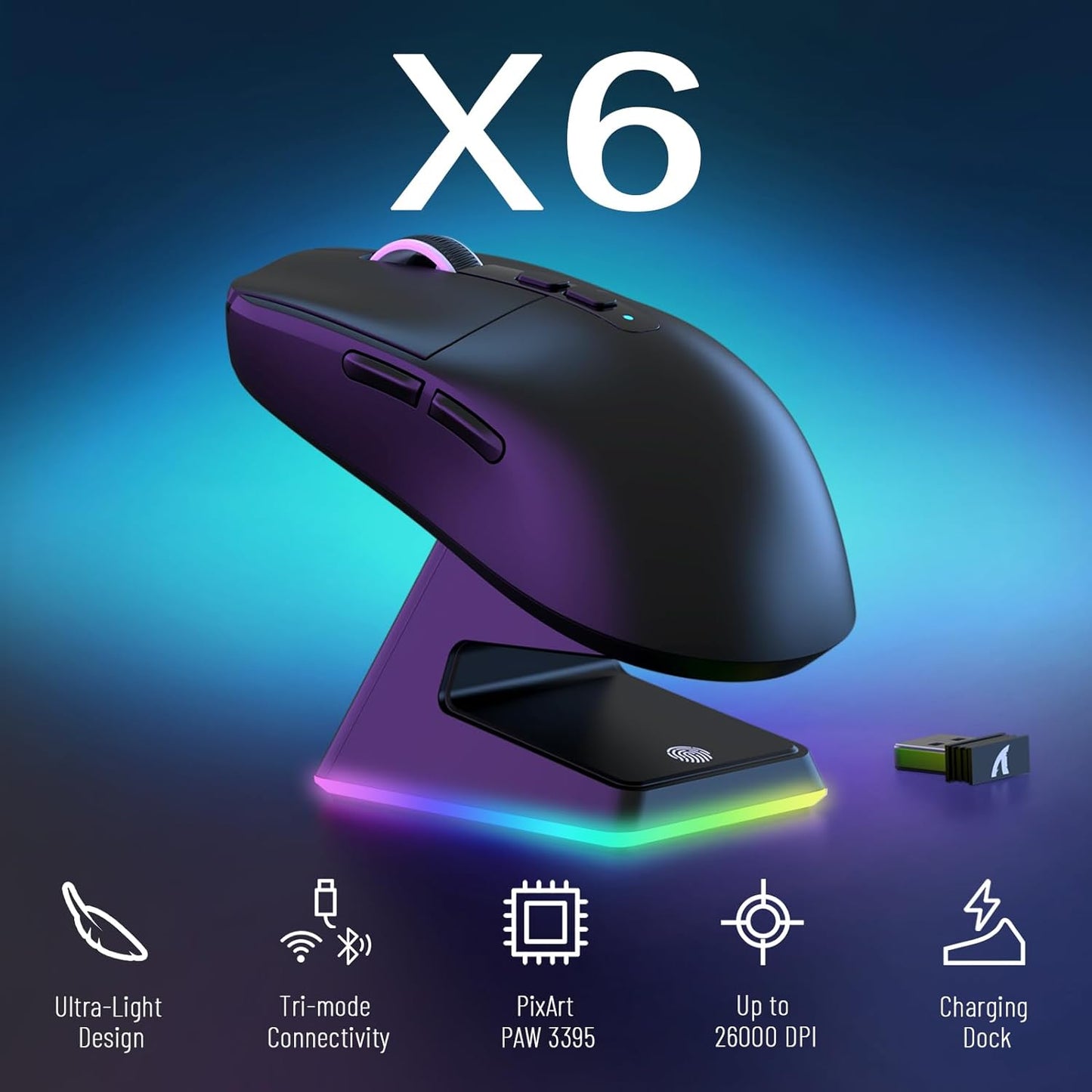 Ultra-Lightweight Wireless Gaming Mouse with Magnetic RGB Charging Dock, Dual Connectivity (Bluetooth/2.4GHz), Pixart PAW3395 Sensor, 26000 DPI, (Black)