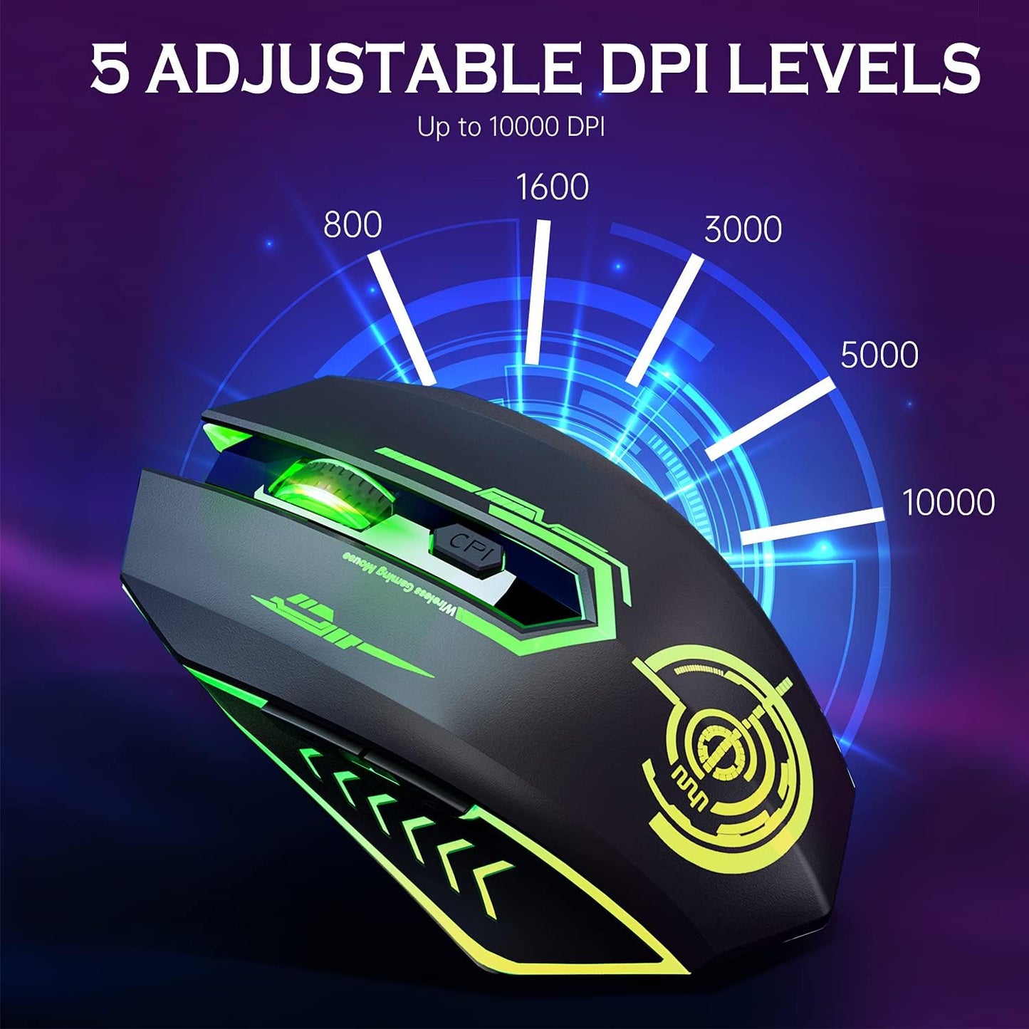 Wireless Gaming Mouse - 10000 DPI, Rechargeable USB Wireless Mouse - 6 Buttons 7 Changeable LED Color Programmable