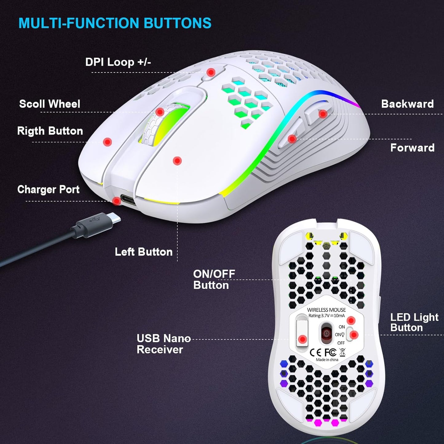 Wireless Gaming Mouse, Rechargeable Computer Mouse with RGB Backlight, USB Receiver, 6 Buttons, Adjustable DPI (White)