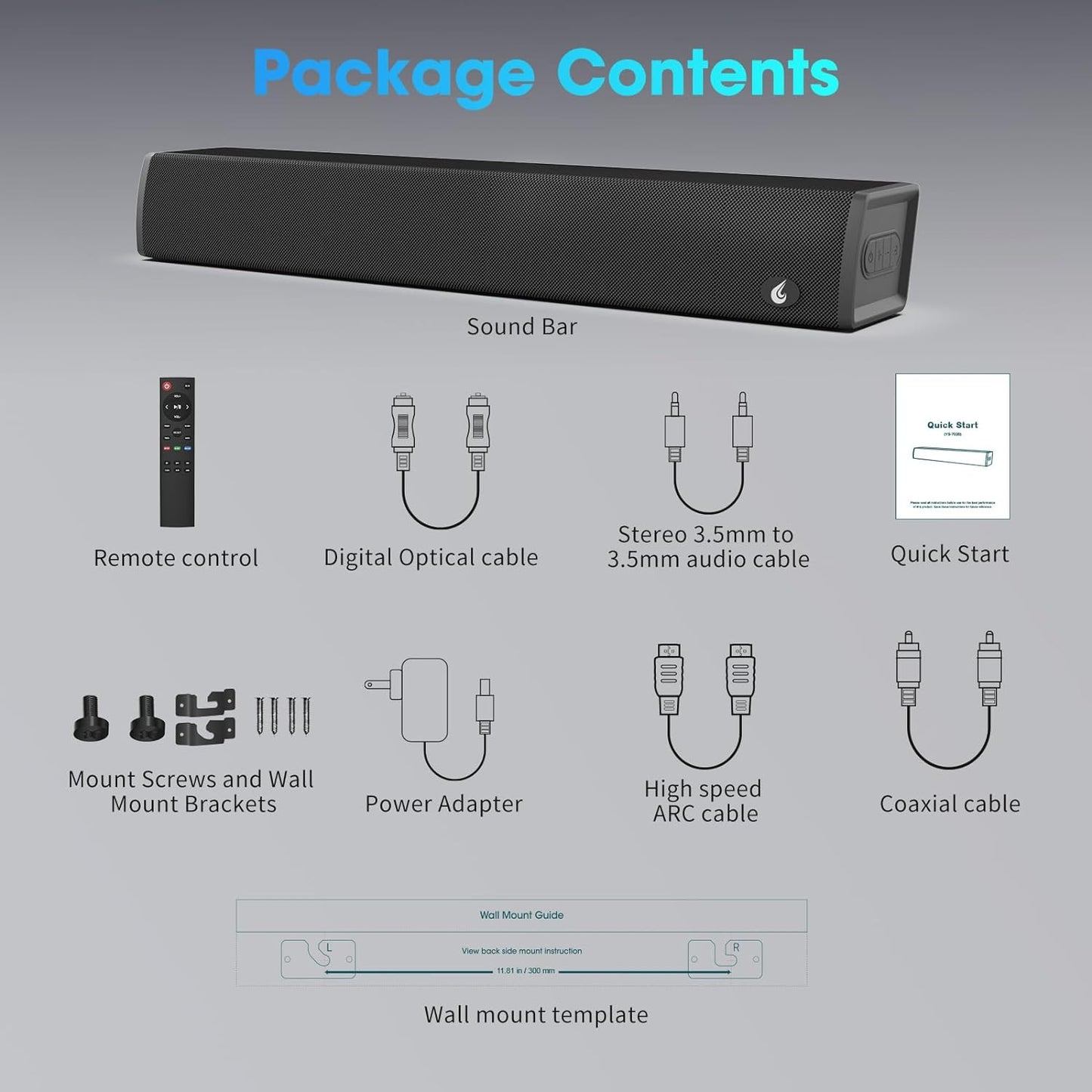 24-Inch Bluetooth Sound Bar for TV with Surround Sound System and Multiple Connectivity Options (Arc, Optical, USB, Aux)