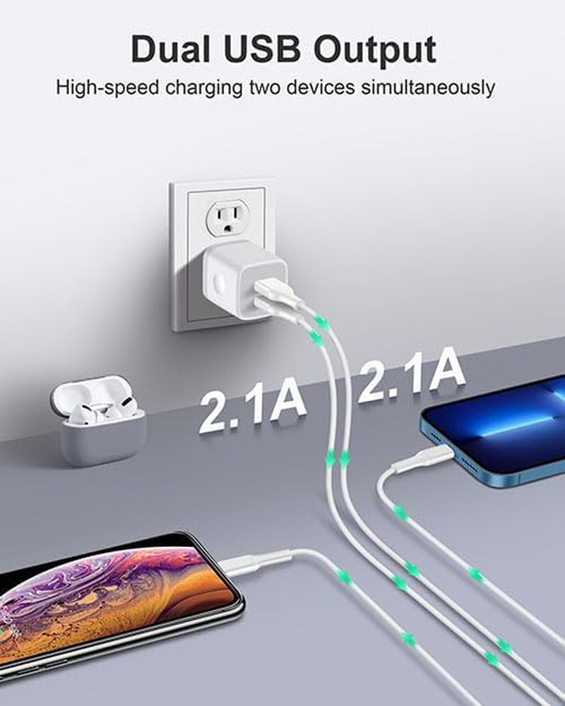 3-Pack 2.1A Dual Port USB Wall Charger - Power Adapter for iPhone, Samsung, Moto, LG, and Android Devices