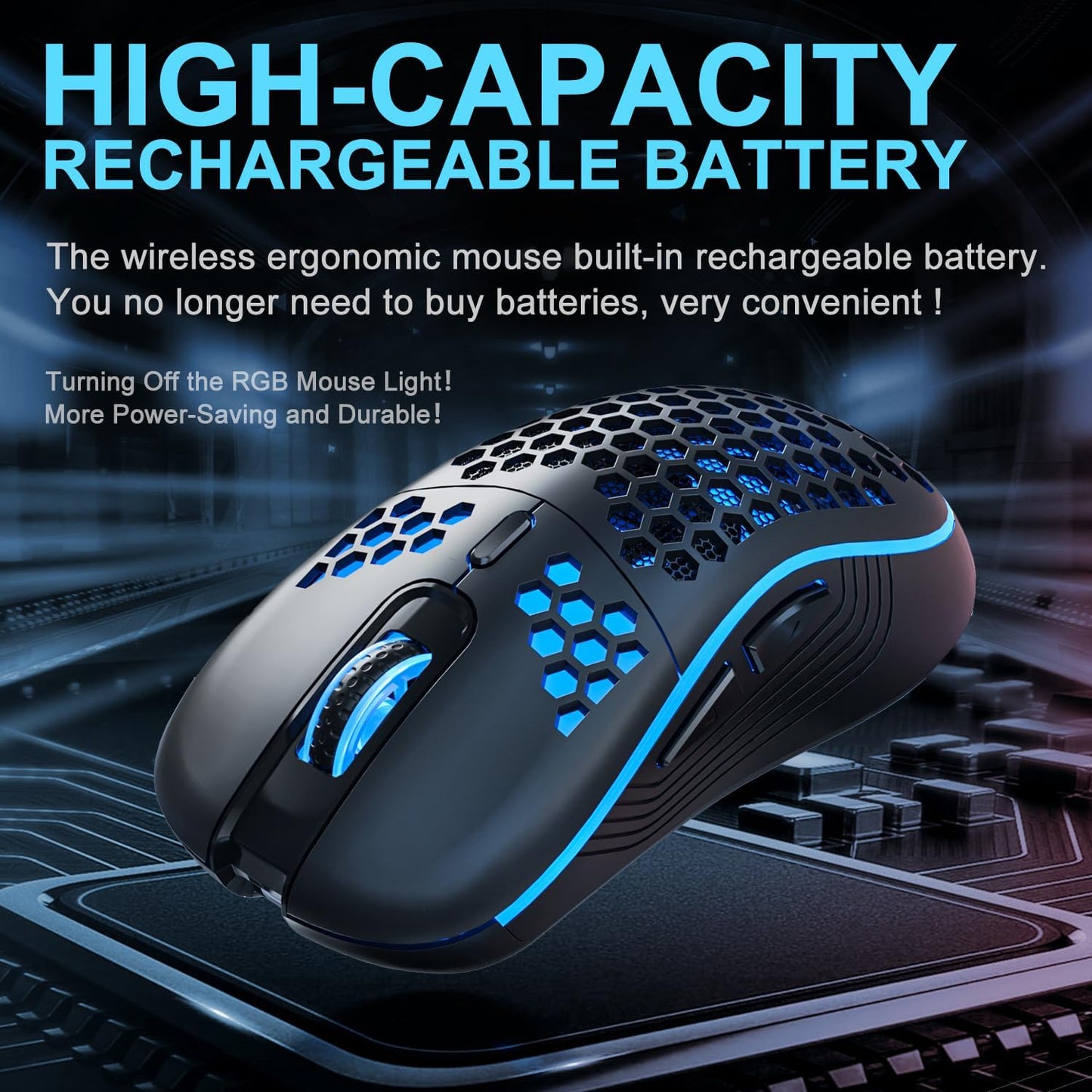 Wireless Ergonomic Gaming Mouse - Honeycomb Design, Rechargeable RGB Backlight, 2.4GHz USB Cordless Connectivity