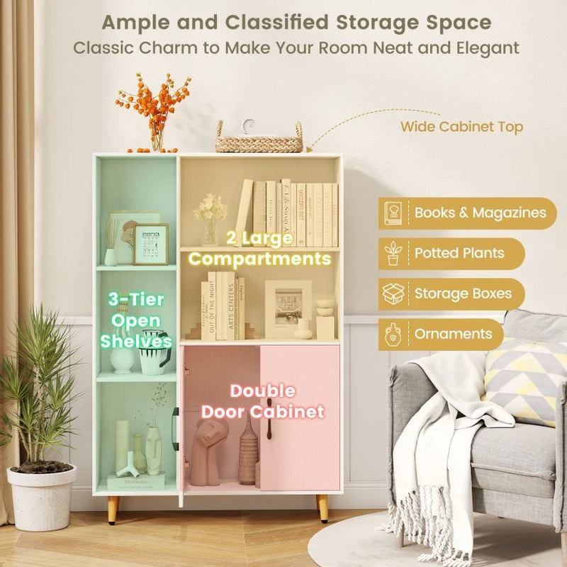 Freestanding Pantry Cabinet with Two Doors and Five Shelves