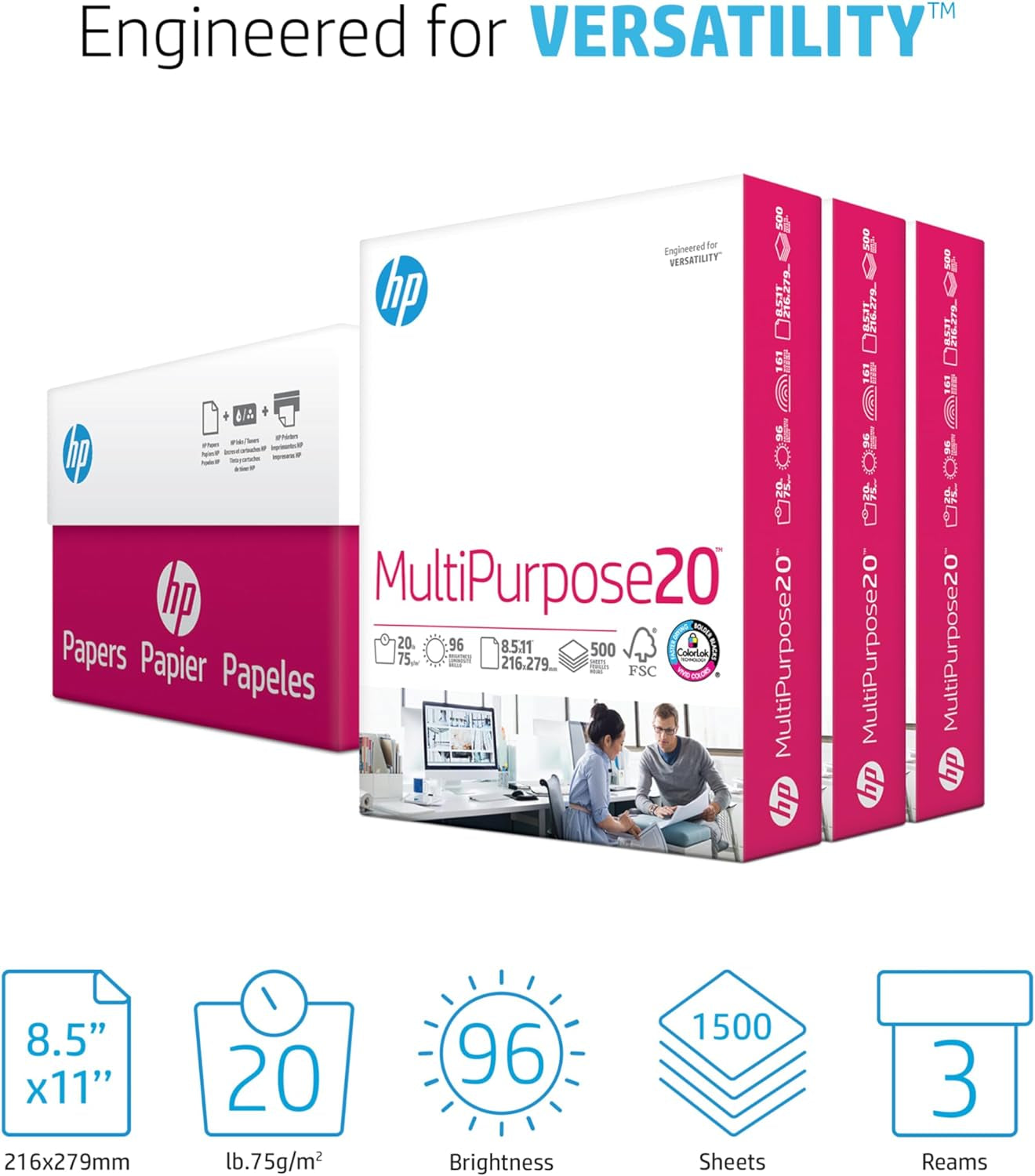 Multipurpose Printer Paper, 20 lb, 3 Ream Case (1500 Sheets), 96 Bright, FSC Certified, Compatible with 112530C